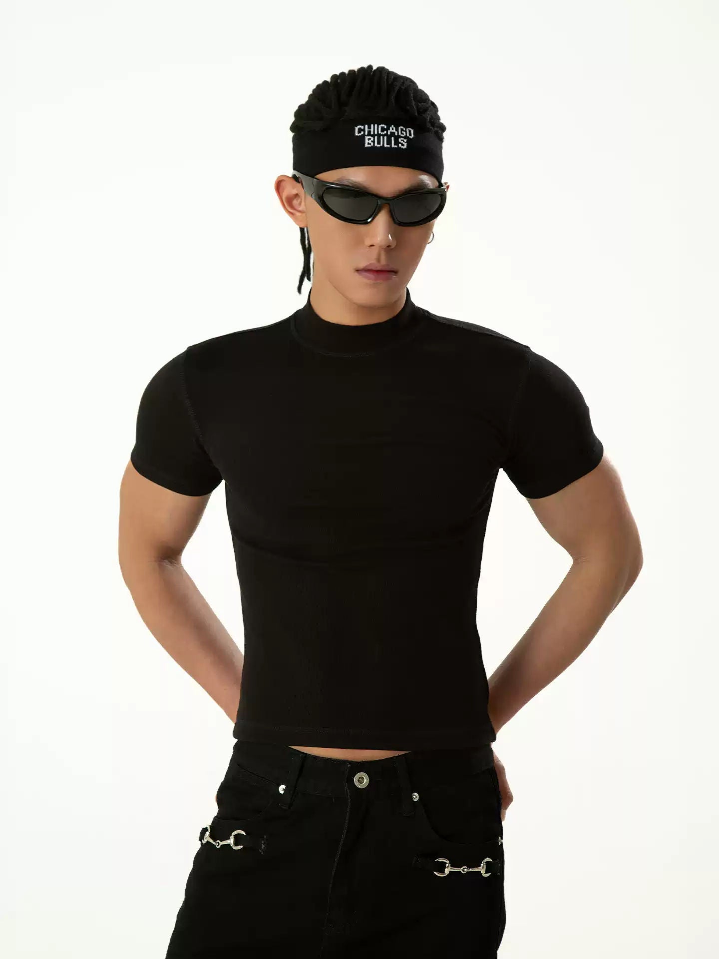 CLP Black White High Neck Slim Fit Knit T-Shirt Men's Stretch Casual Y2K
