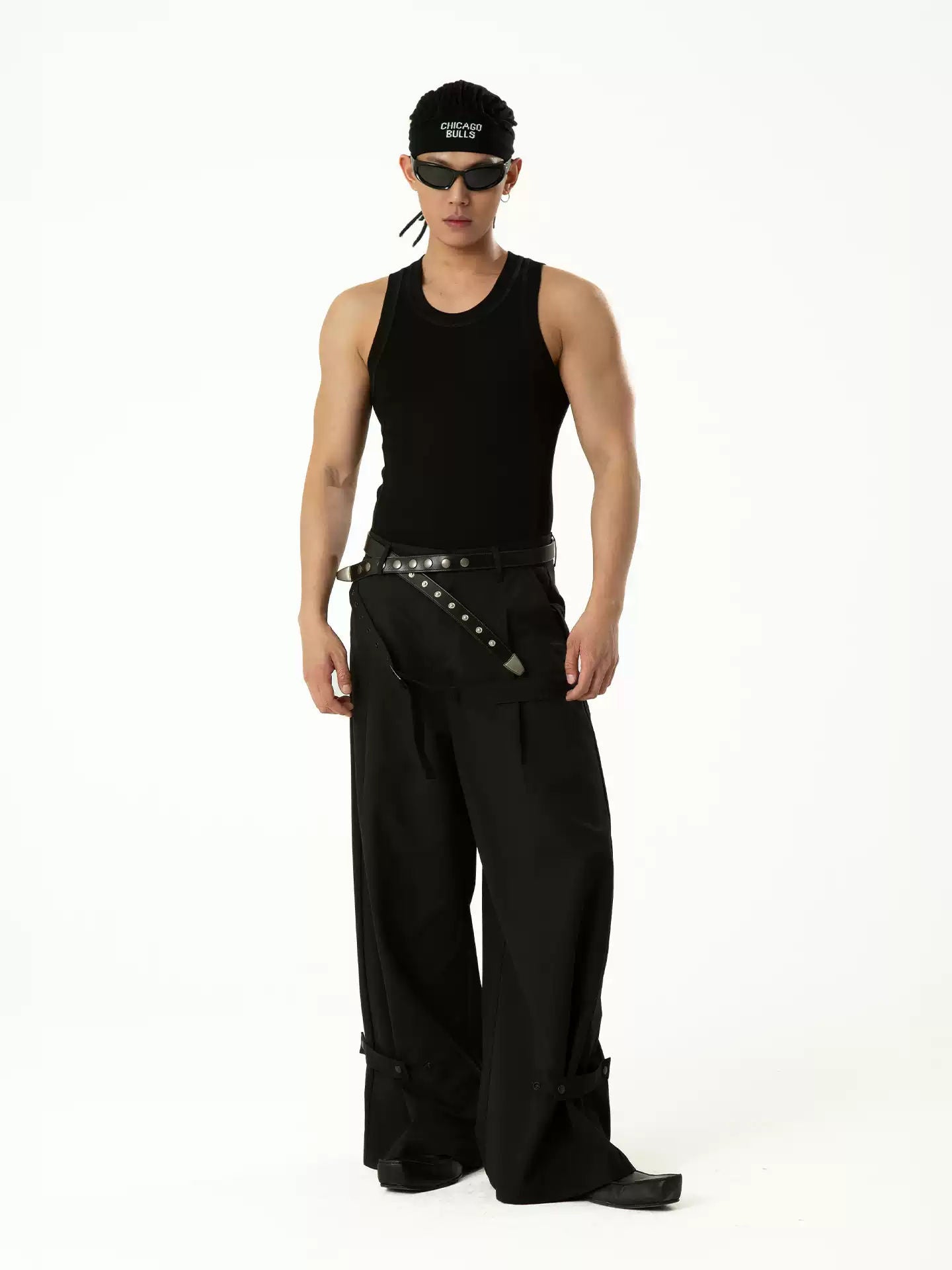 CLP Black Belted Tapered Cargo Pants Men's Loose Dropped Crotch Retro Flared Streetwear