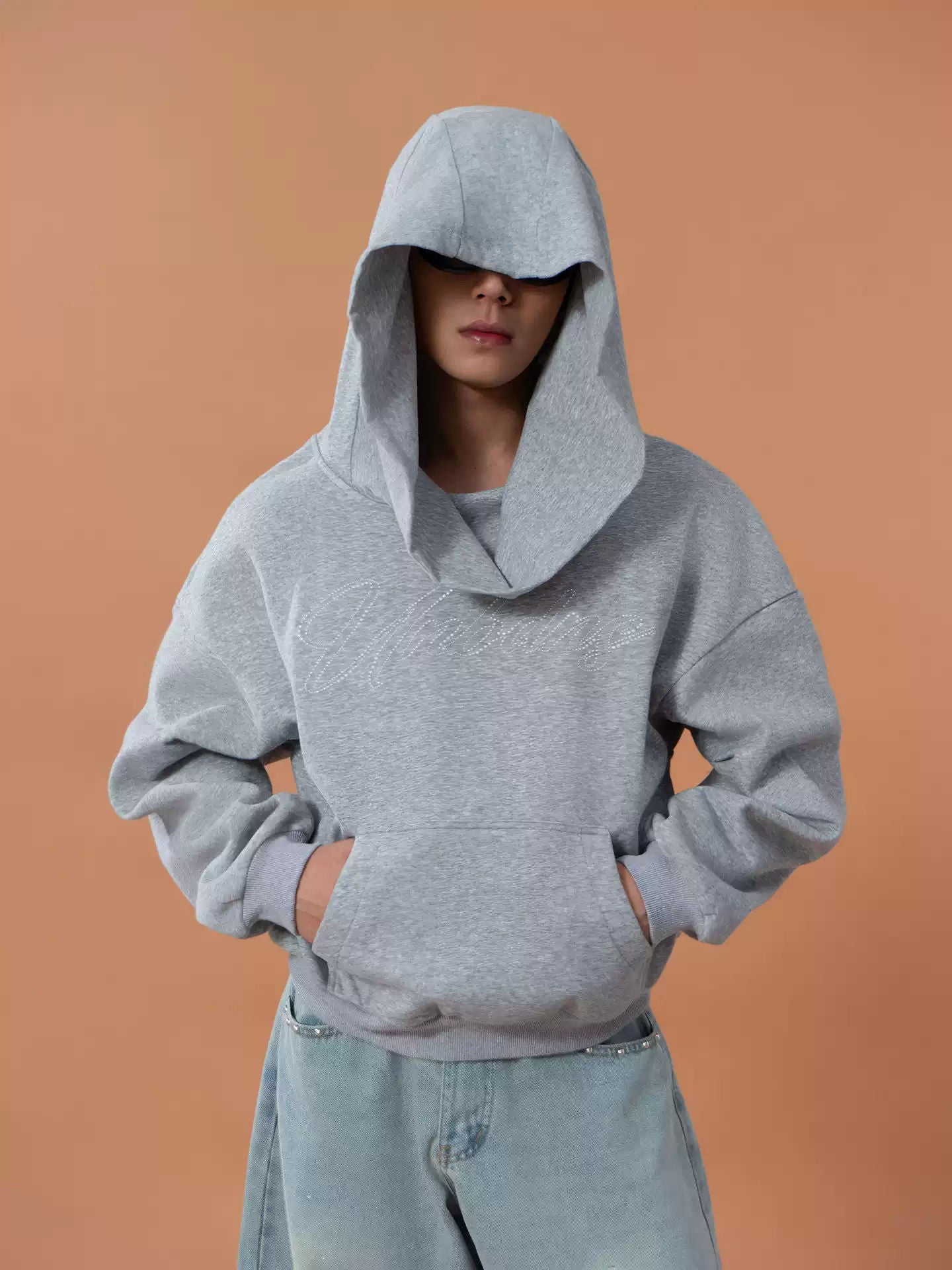 Gray Blue Letter Print Wide Collar Hoodie Men's Women's Loose Casual Streetwear