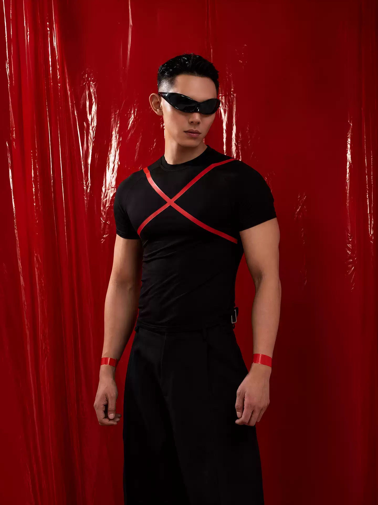 CLP Black Red X Cross Print Slim Short T-Shirt Men's Fitted Muscle Casual Stretch Top