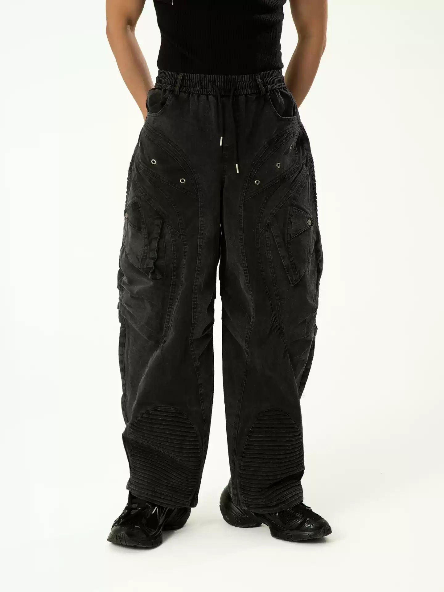 CLP Multi-Pocket Utility Cargo Jeans Men's Loose Wide Leg Straight Vintage Texture Elastic Waist