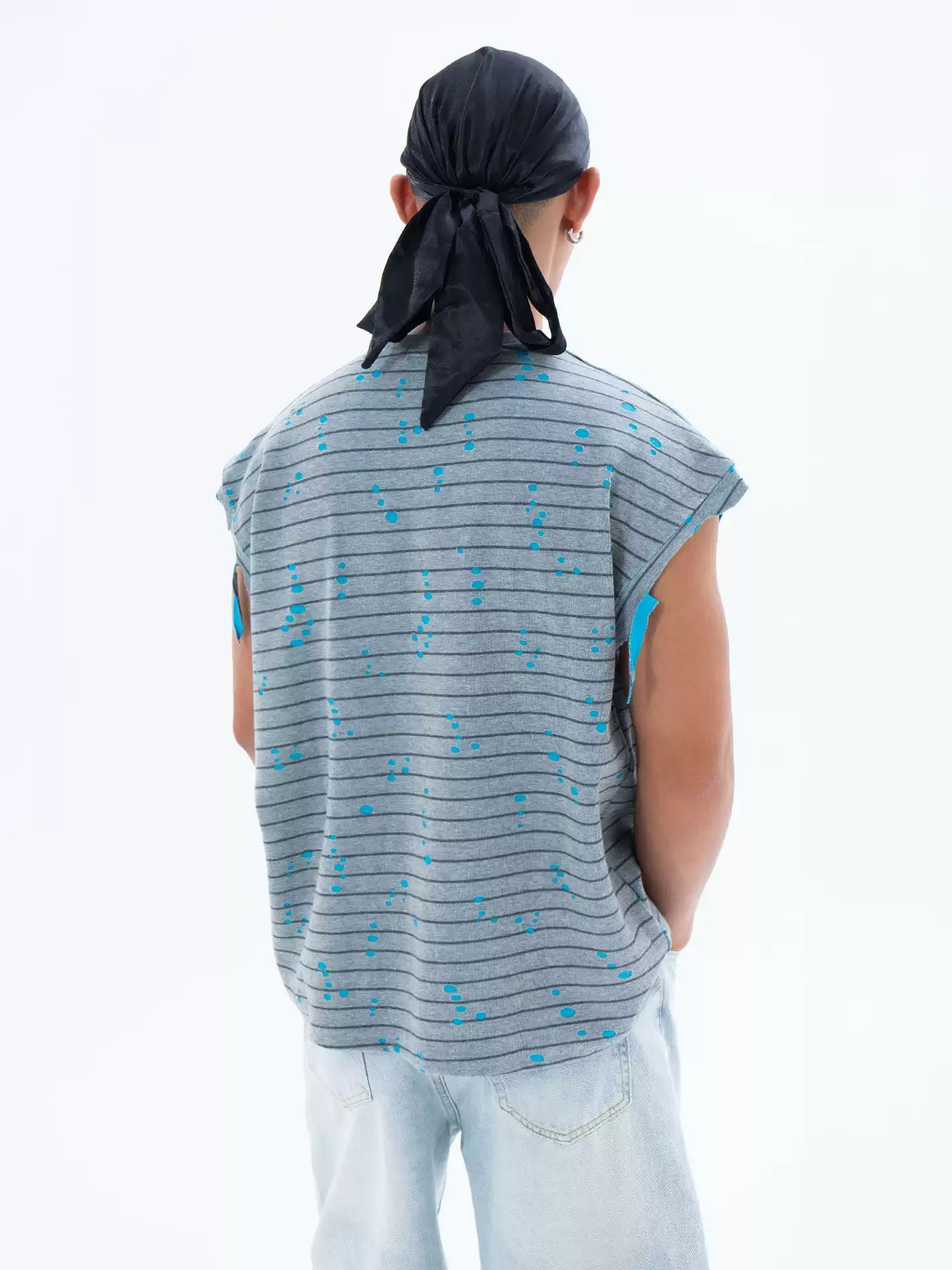 Gray Wide Shoulder Striped Ripped Tank Top Men's Loose Splash Ink Sleeveless Sport Casual Retro