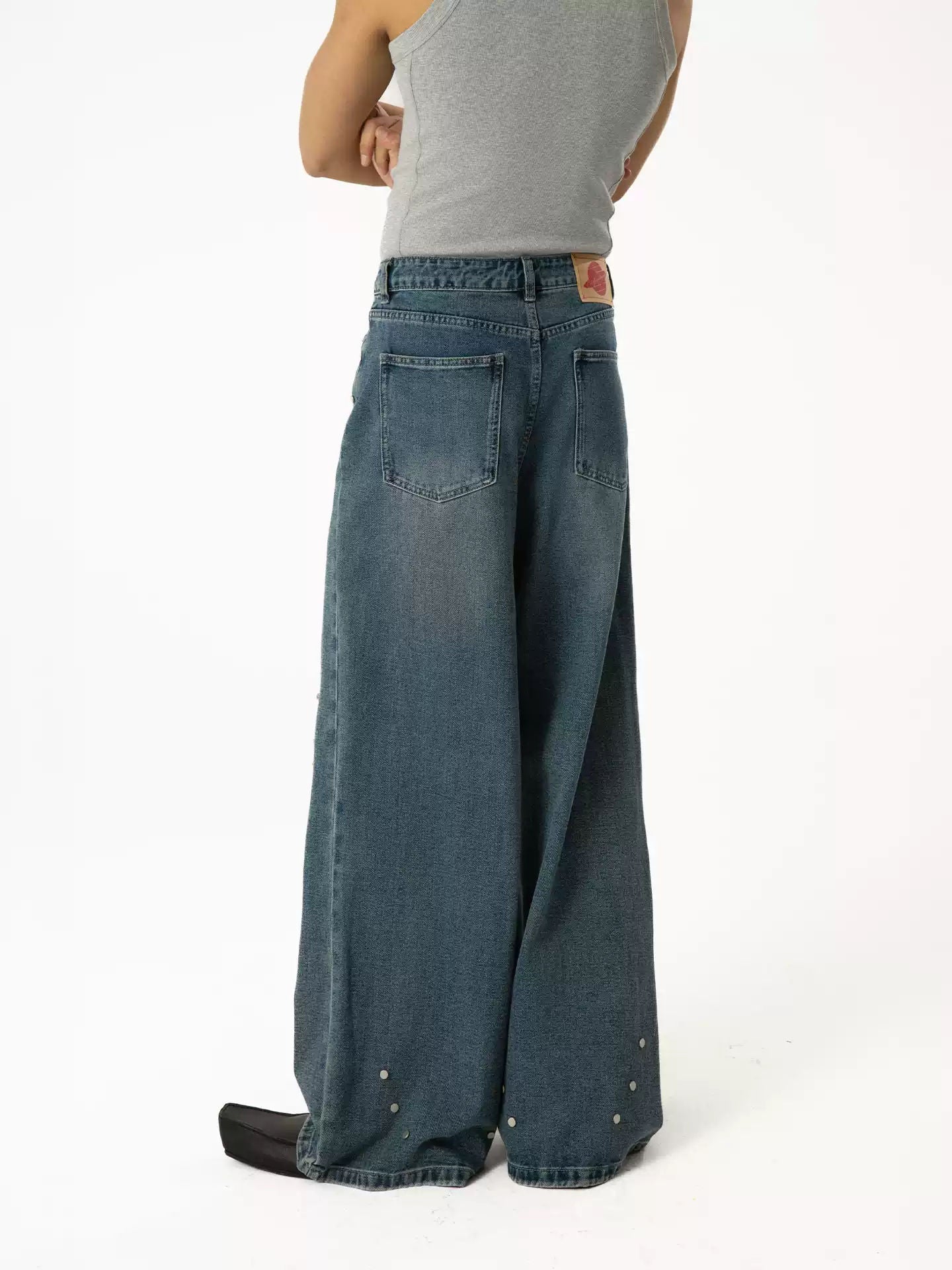Blue Ripped Rivet Double Layer Jeans Men's Loose Straight Wide Leg Retro Washed Y2K