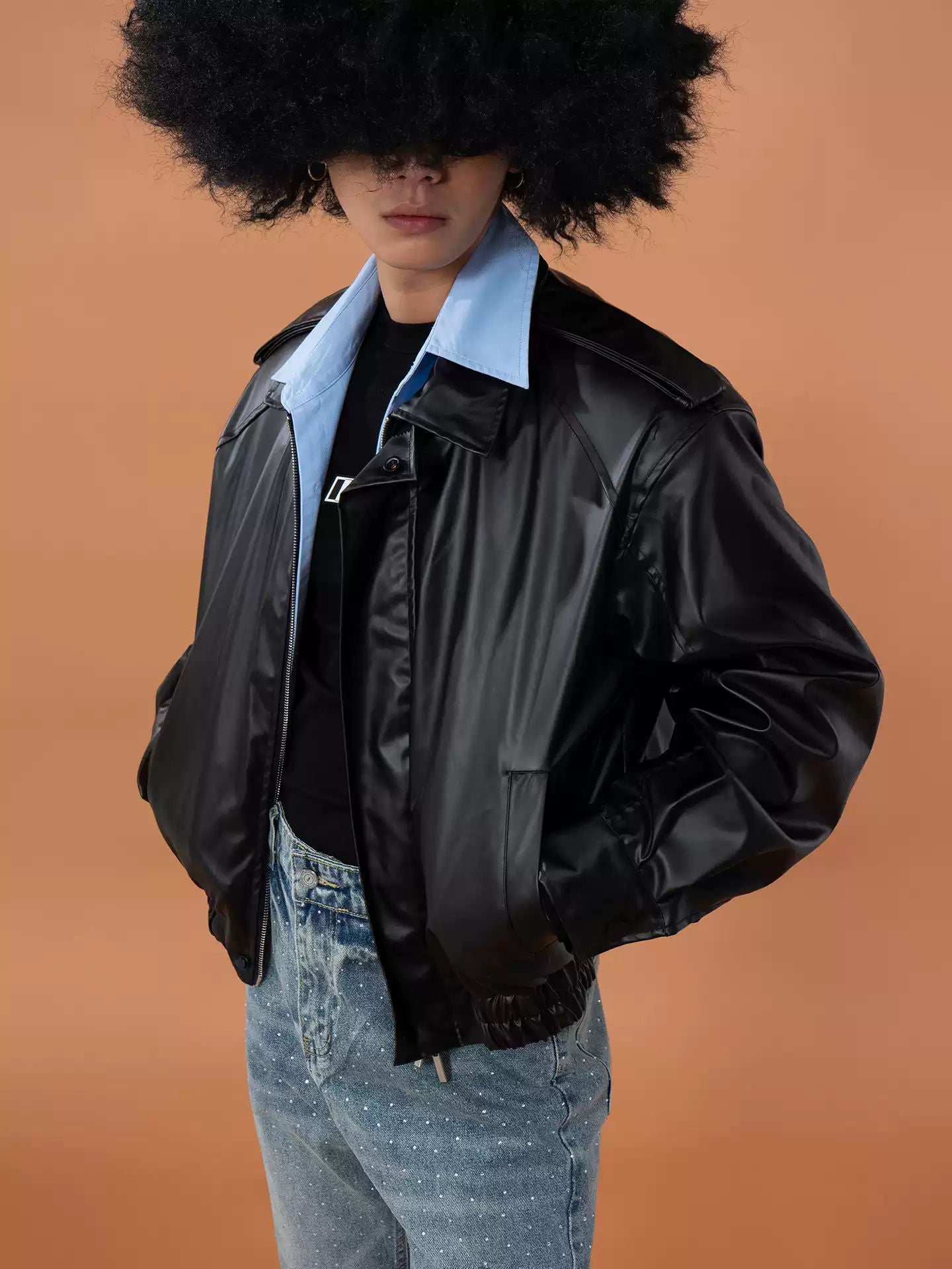 CLP Black Faux Leather Motorcycle Jacket Two-Layer Shirt Collar Short Retro Casual
