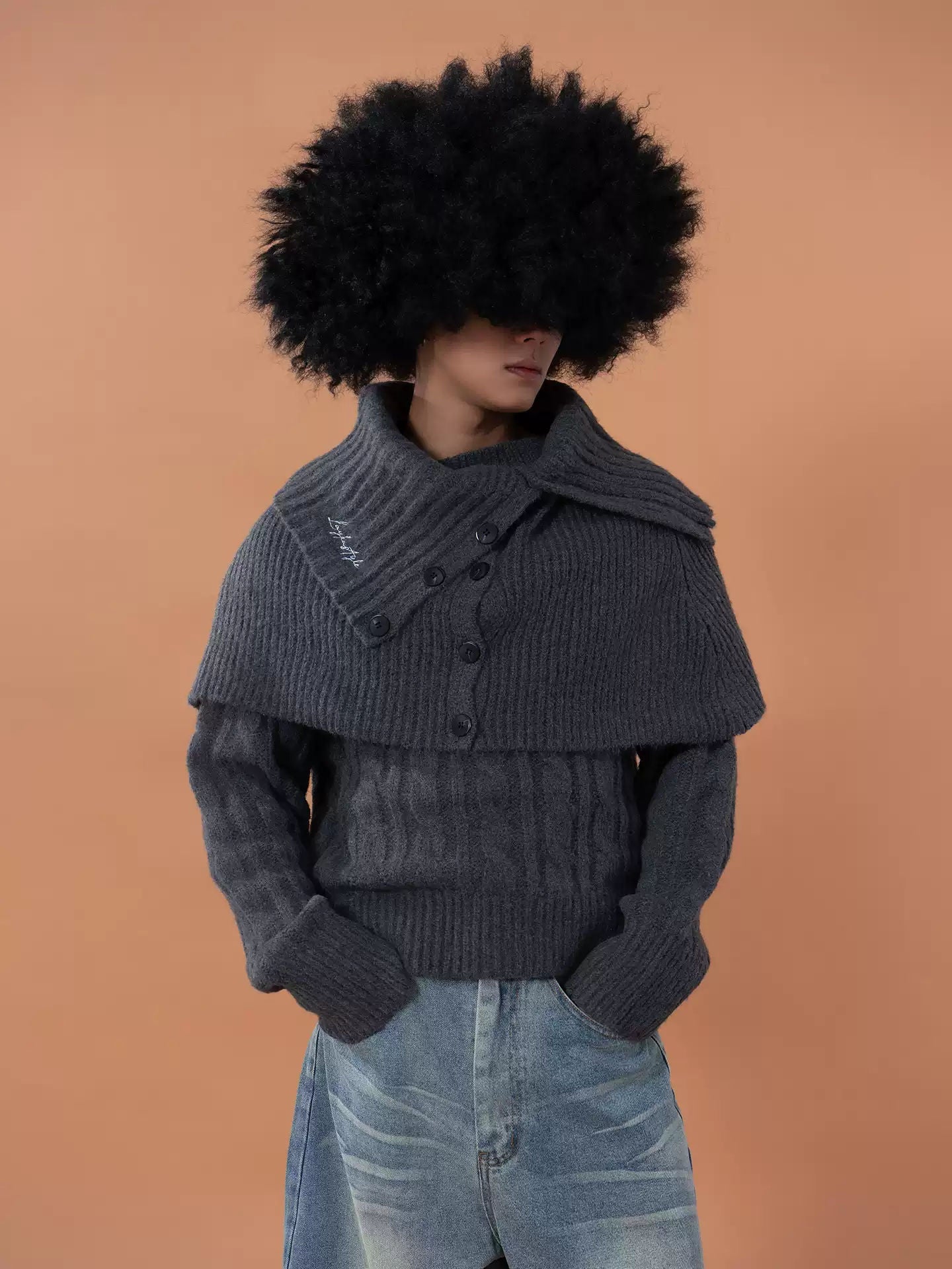 Gray Layered Knit Cardigan Scarf Sweater Unisex Detachable One-Shoulder Loose Casual Wide Collar
