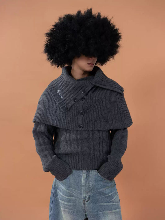 Gray Layered Knit Cardigan Scarf Sweater Unisex Detachable One-Shoulder Loose Casual Wide Collar