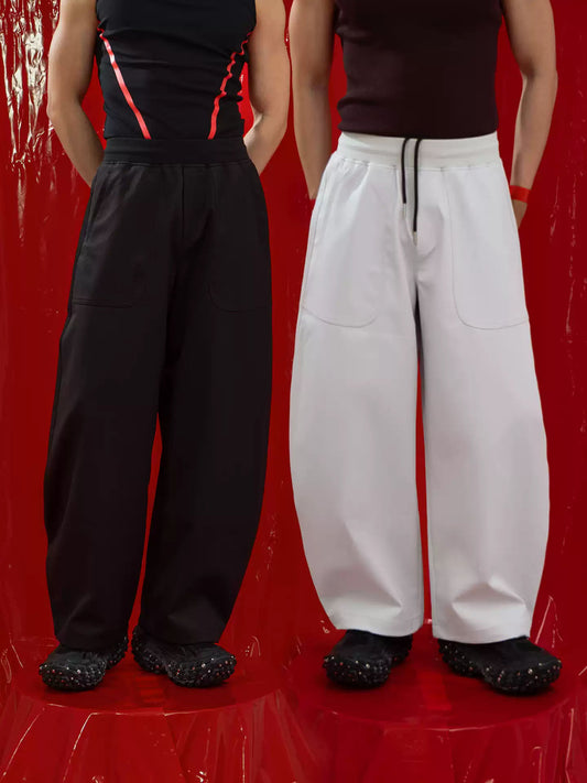 CLP Black White Sport Elastic Waist Drawstring Sweatpants Men's Curved Knife Wide Leg Loose Straight Casual