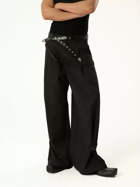 CLP Black Belted Tapered Cargo Pants Men's Loose Dropped Crotch Retro Flared Streetwear