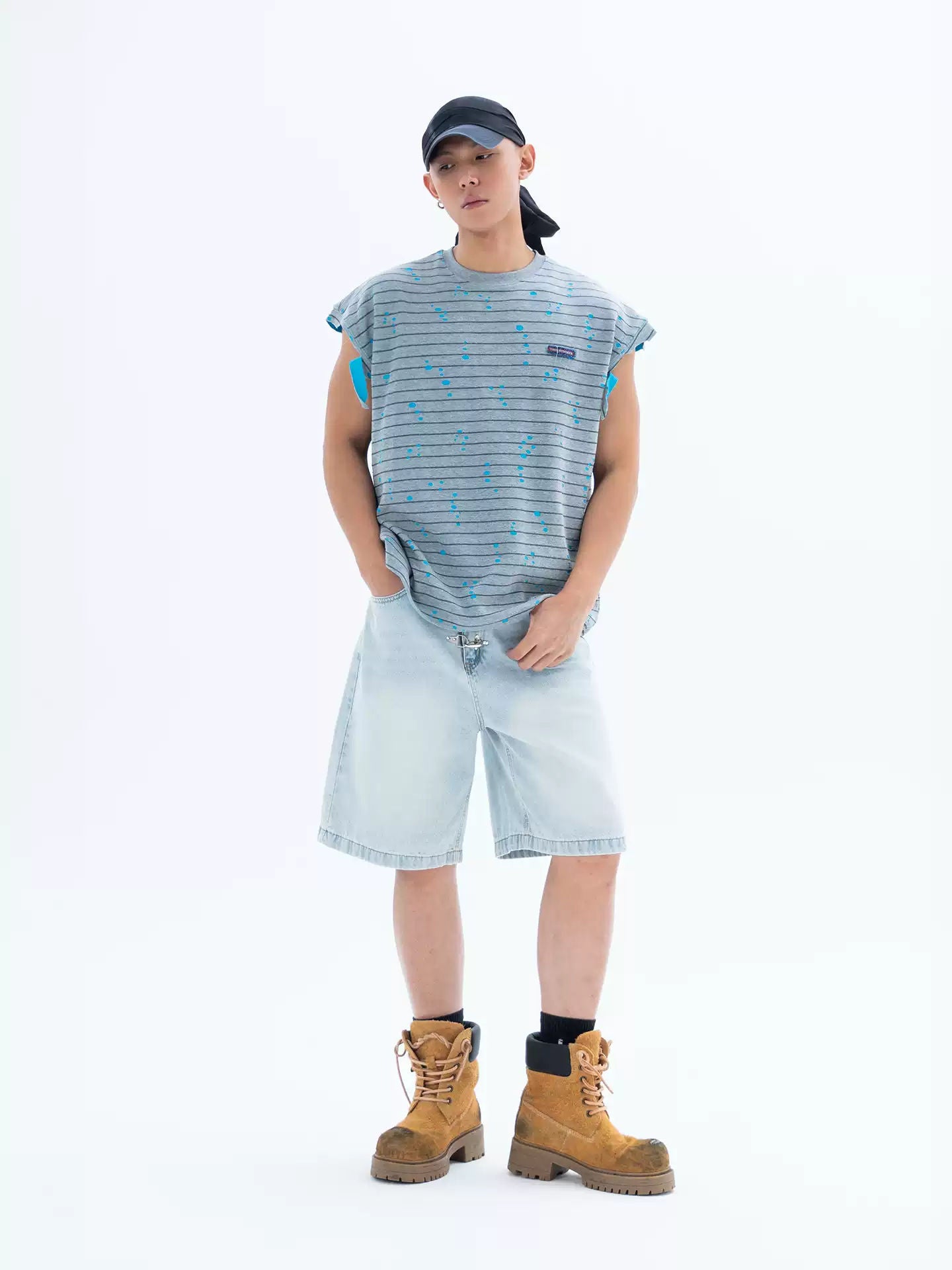 Gray Wide Shoulder Striped Ripped Tank Top Men's Loose Splash Ink Sleeveless Sport Casual Retro