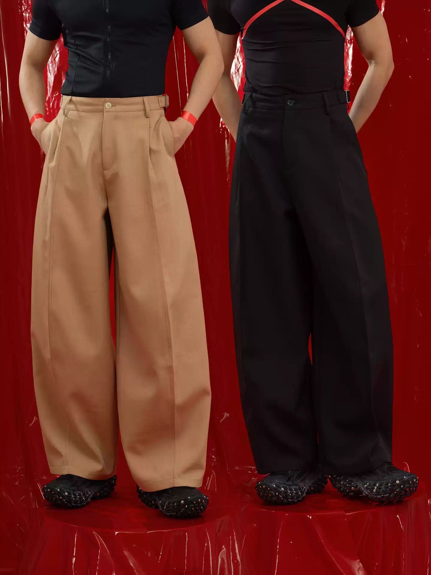 CLP Black Coffee Retro Double Pleat Curved Knife Casual Pants Men's Loose Straight High Waist