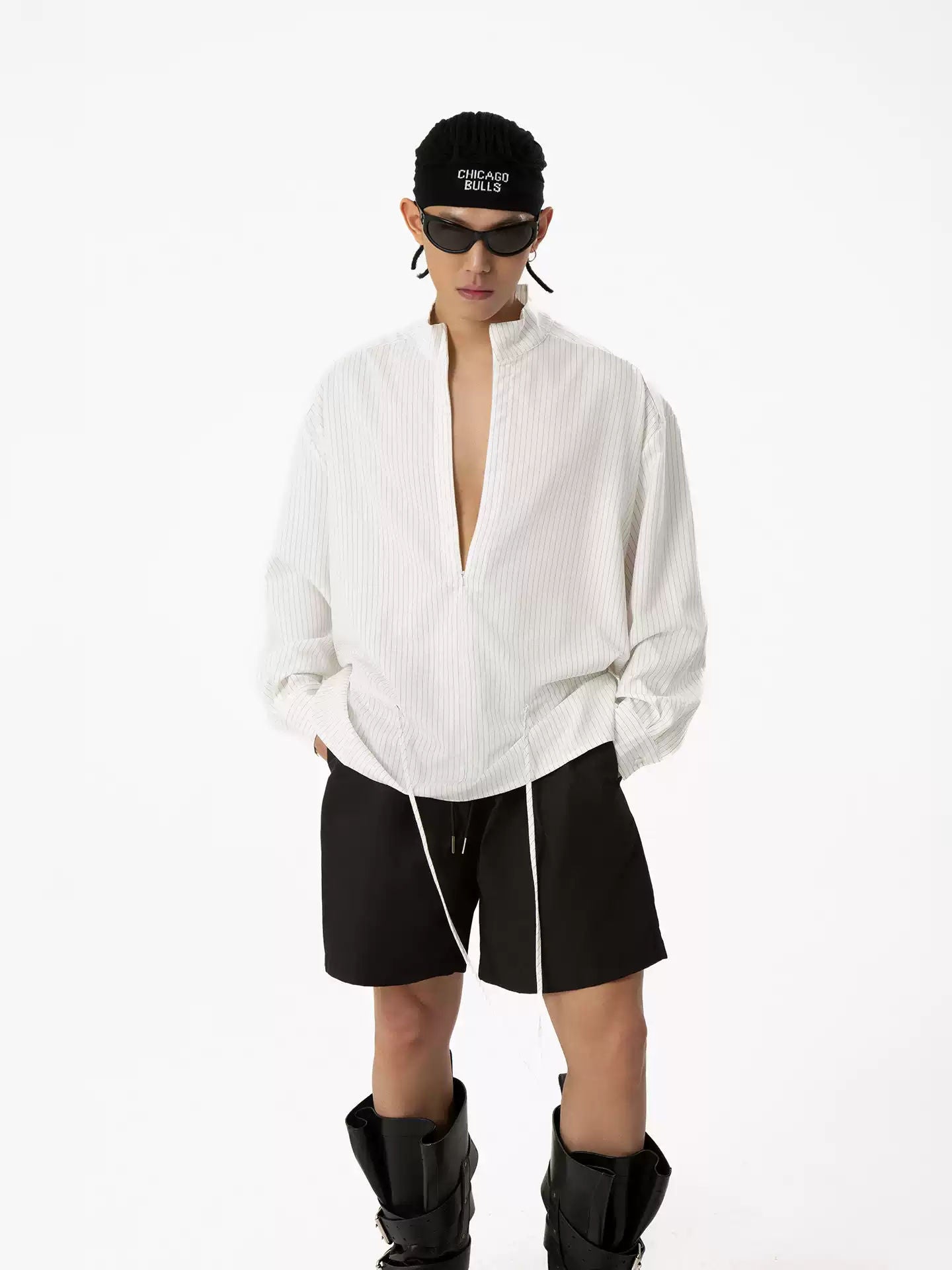 CLP White Drawstring Waist Stripe Shirt Men's Long Sleeve V-Neck Loose Casual Retro