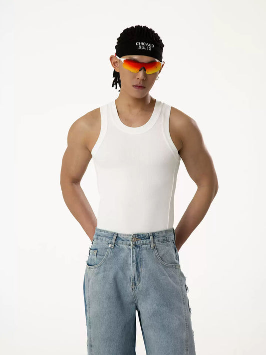 CLP Black White Gray Slim Fit Knit Ribbed Tank Top Men's Stretch Muscle Vest Casual Streetwear