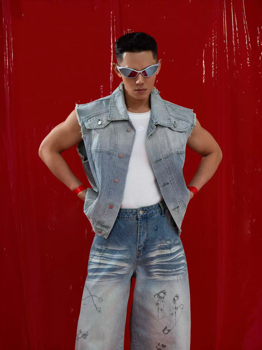 Light Blue Washed Denim Vest Men's Short Fringe Retro Loose Casual Streetwear