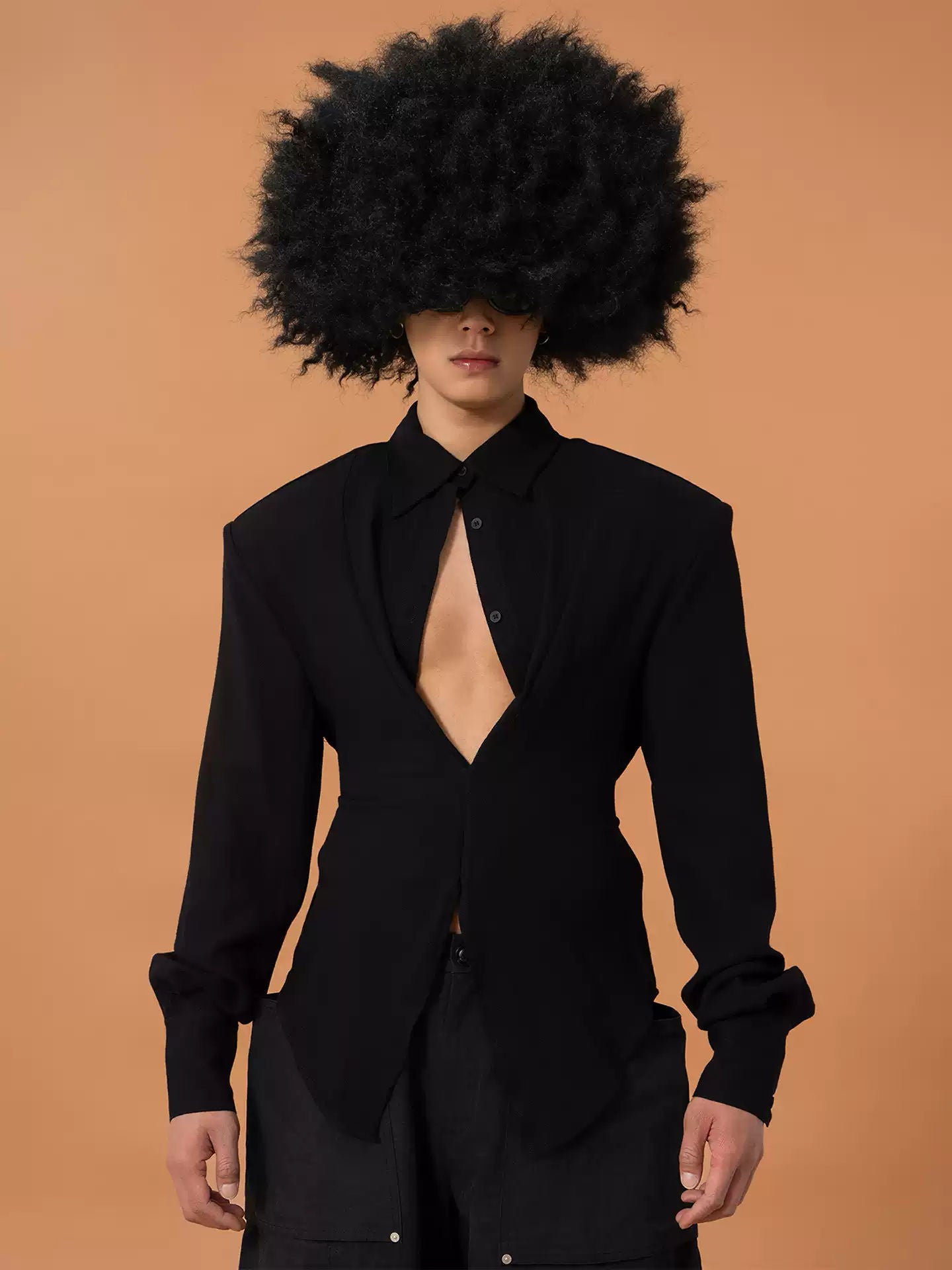 Black 3D Cut Deep V Waist Slim Long Sleeve Shirt