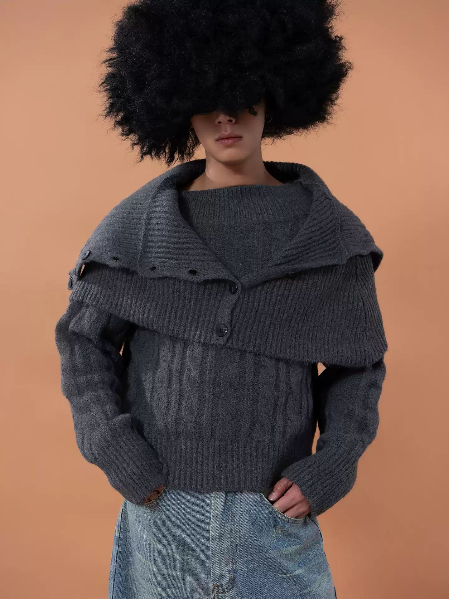 Gray Layered Knit Cardigan Scarf Sweater Unisex Detachable One-Shoulder Loose Casual Wide Collar