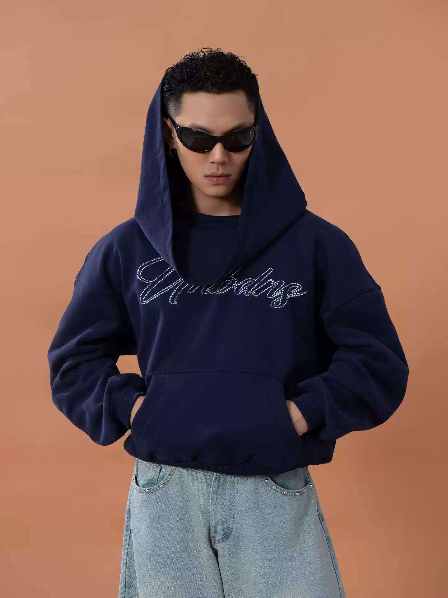 Gray Blue Letter Print Wide Collar Hoodie Men's Women's Loose Casual Streetwear