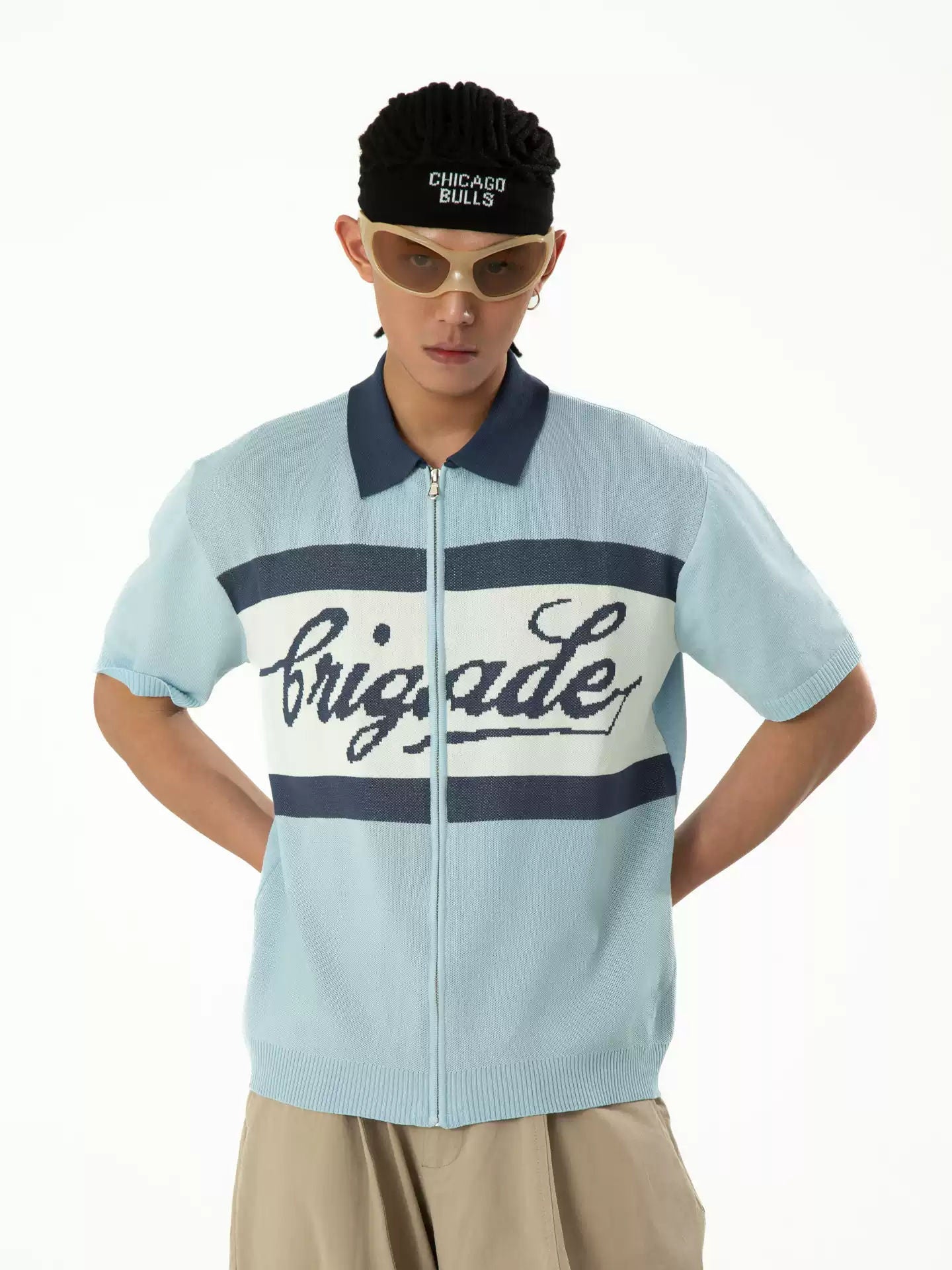 CLP Blue White Zip Polo Shirt Men's Short Sleeve Casual Knit Top Loose Streetwear