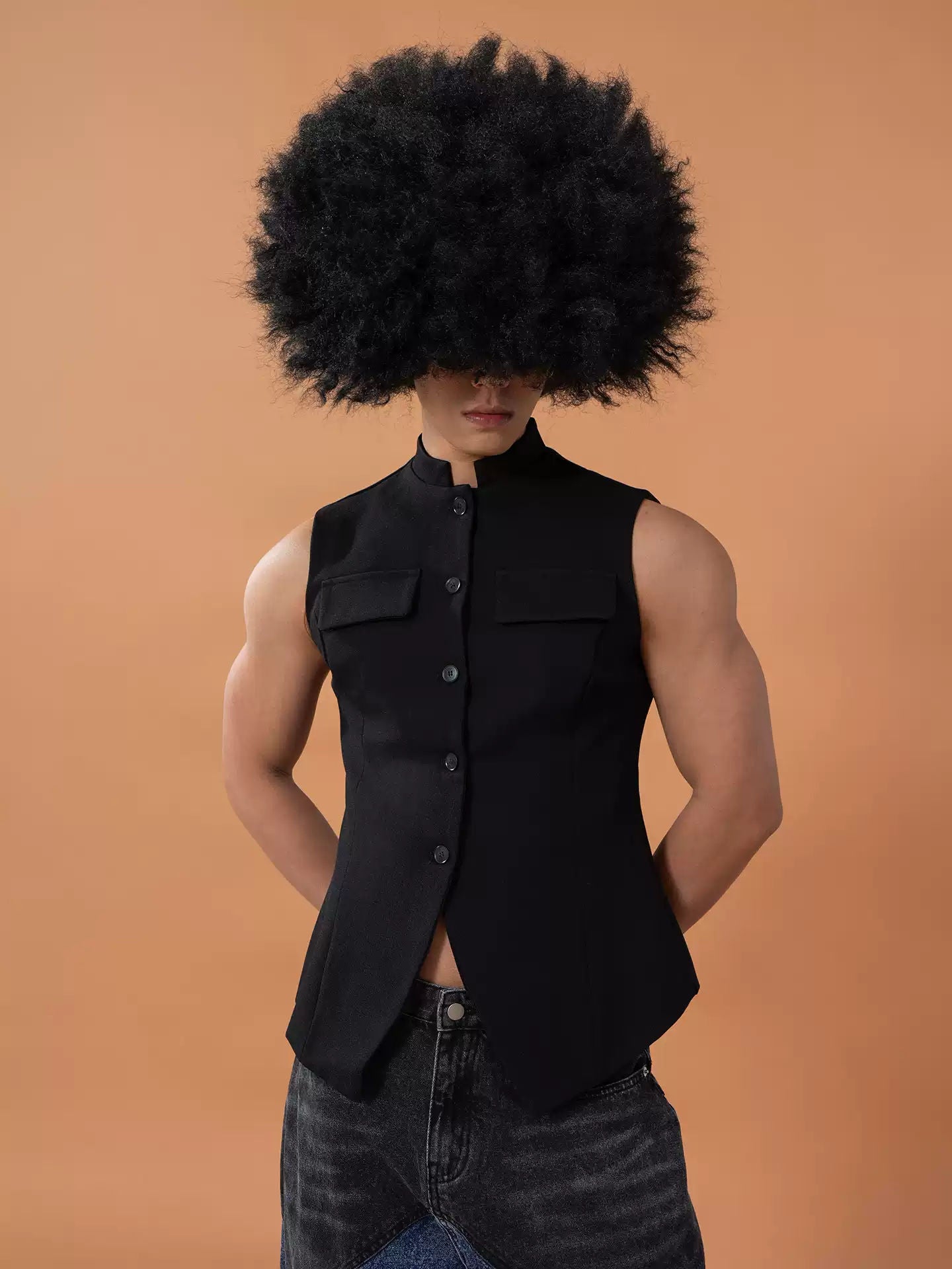 CLP Black Slim Stand Collar Chinese Tunic Vest Men's Women's Retro Short