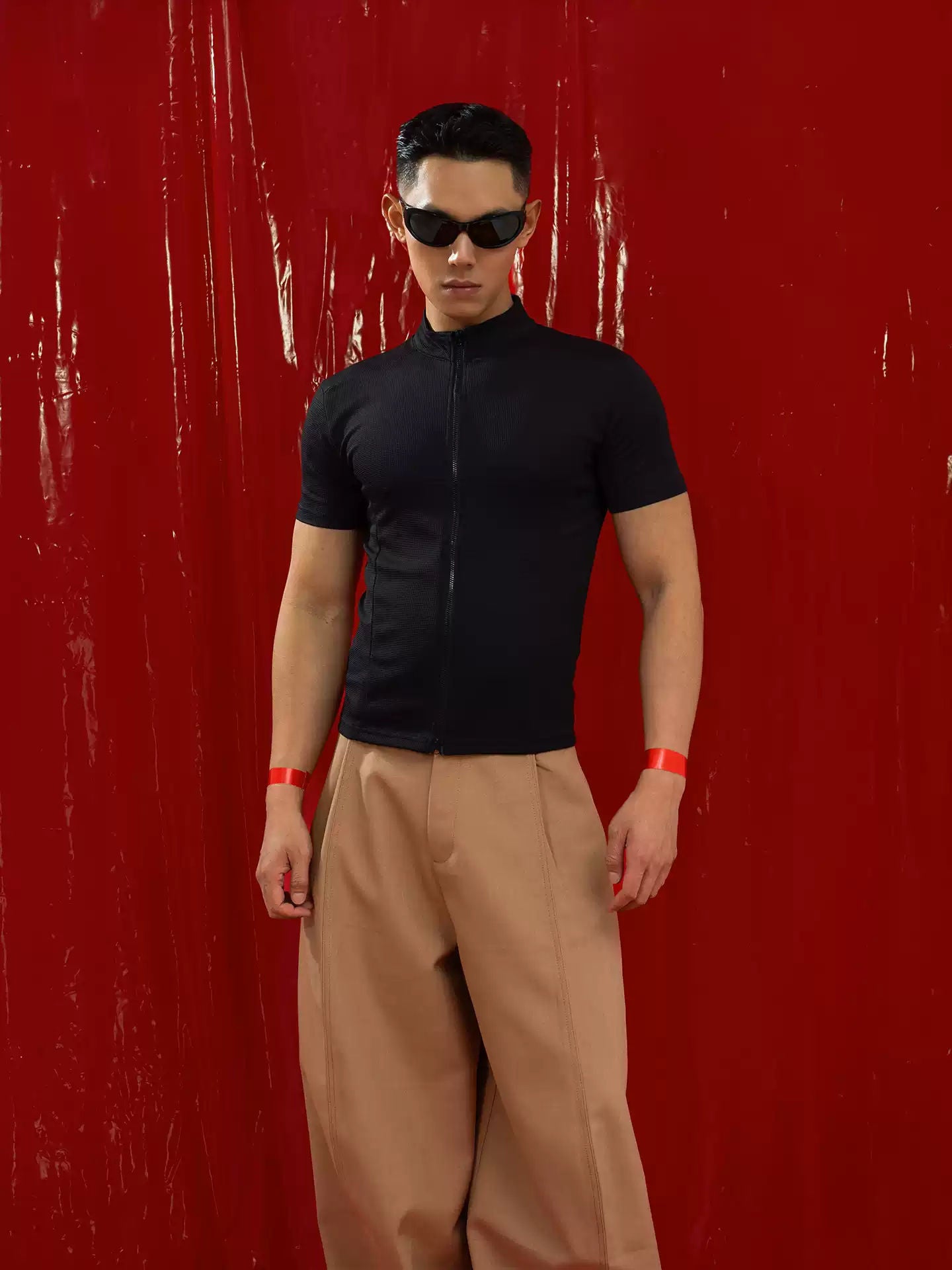 Black High Neck Zip Short Sleeve T-Shirt Men's Slim Fit Stretchy Casual Summer Top
