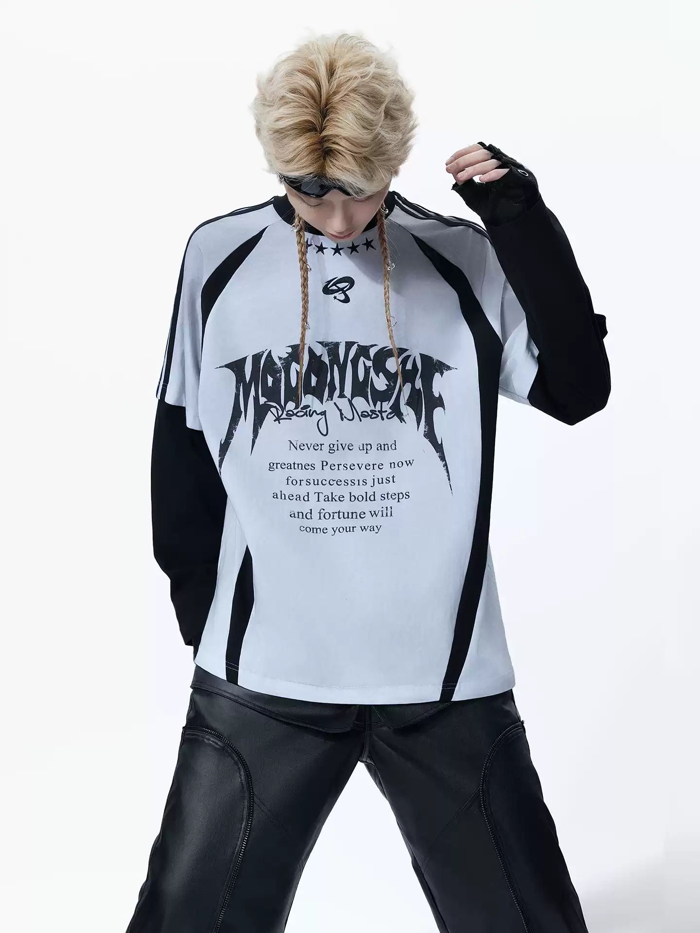MOGONGSHE Dark Street Style Contrast Color Long Sleeve T-Shirt With Patchwork Distressed Print Logo