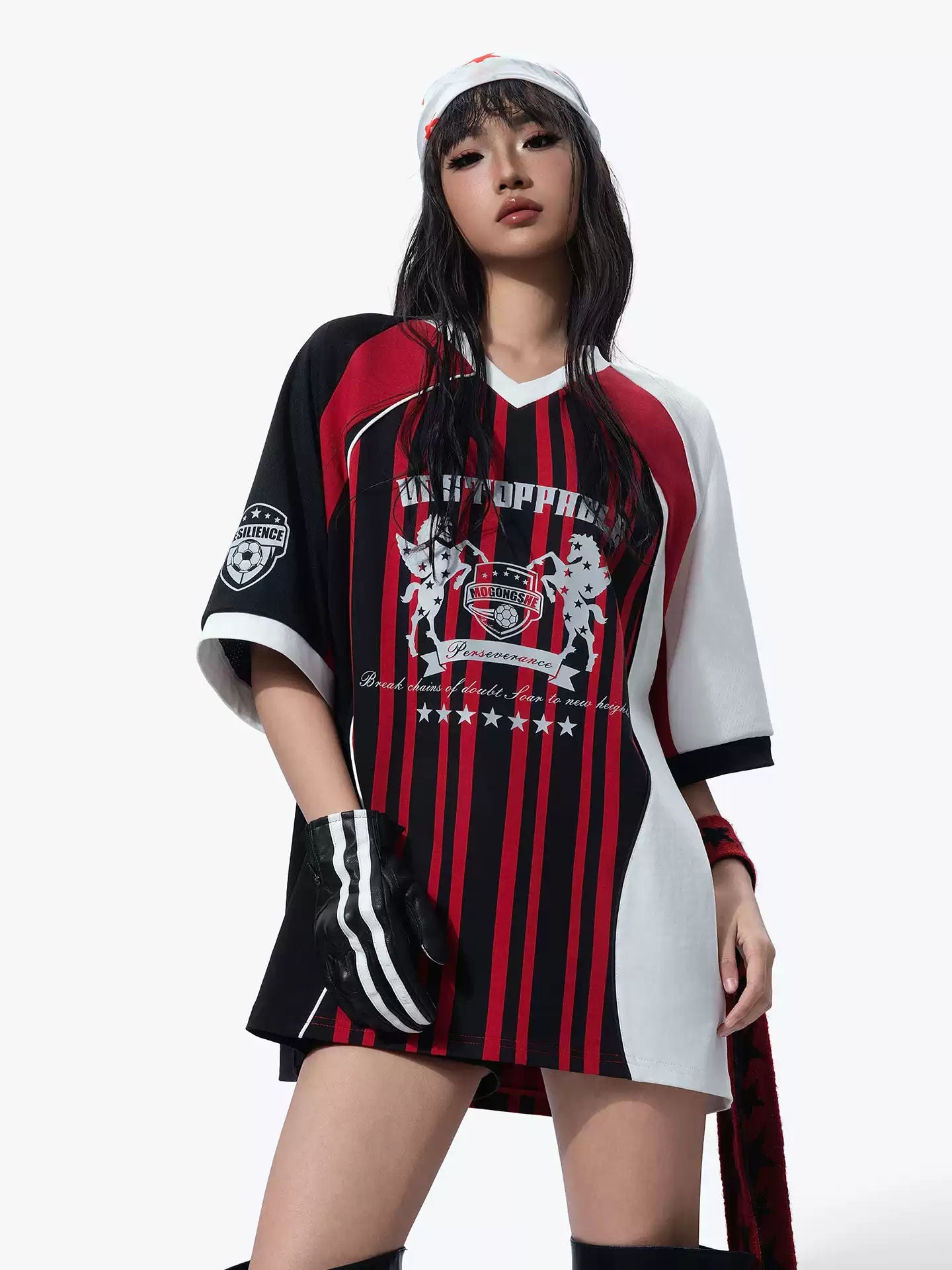 MOGONGSHE American Retro Striped Baseball Jersey T-Shirt Raglan Sleeve Loose Fit