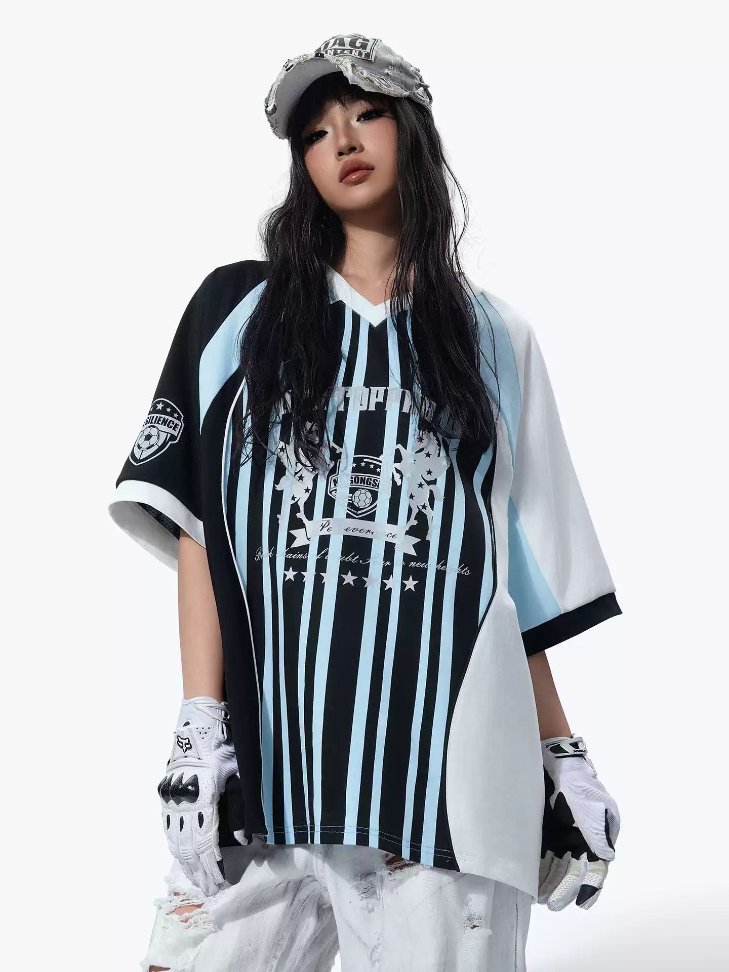 MOGONGSHE American Retro Striped Baseball Jersey T-Shirt Raglan Sleeve Loose Fit