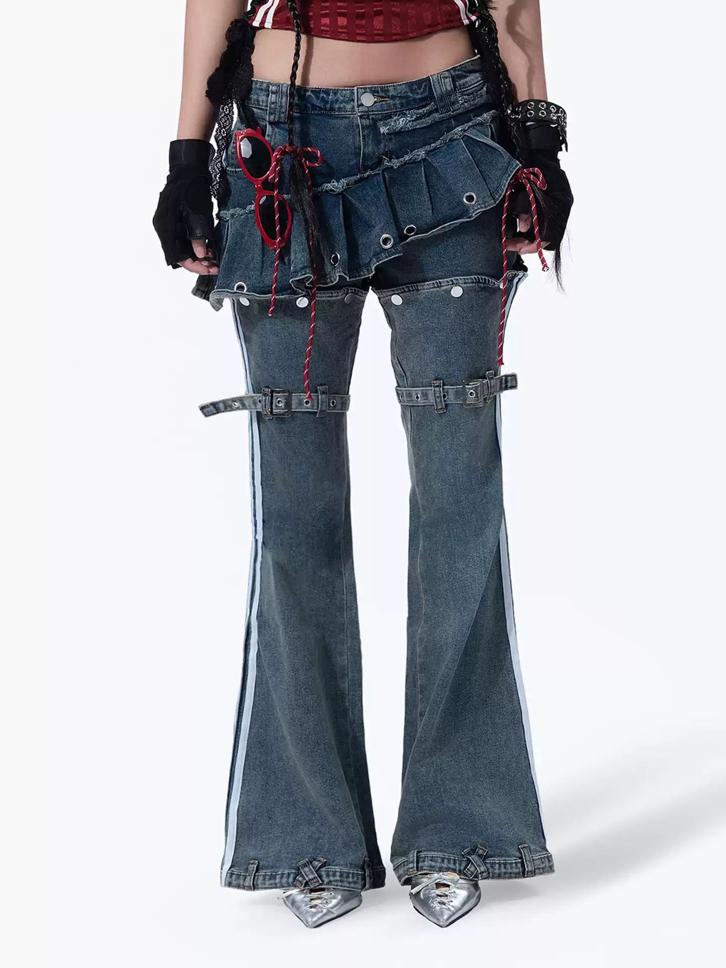 American Vintage Heavy Washed Detachable Denim Skirt Jumpsuit Low Rise Bell Bottom Skirt Jeans