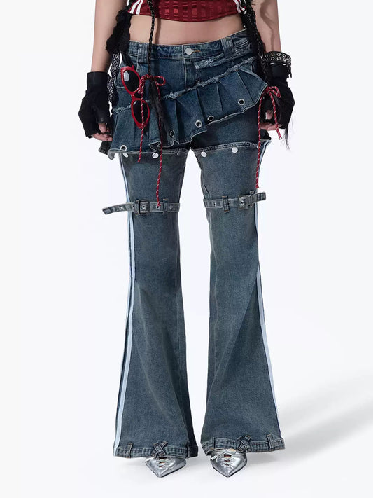 American Vintage Heavy Washed Detachable Denim Skirt Jumpsuit Low Rise Bell Bottom Skirt Jeans