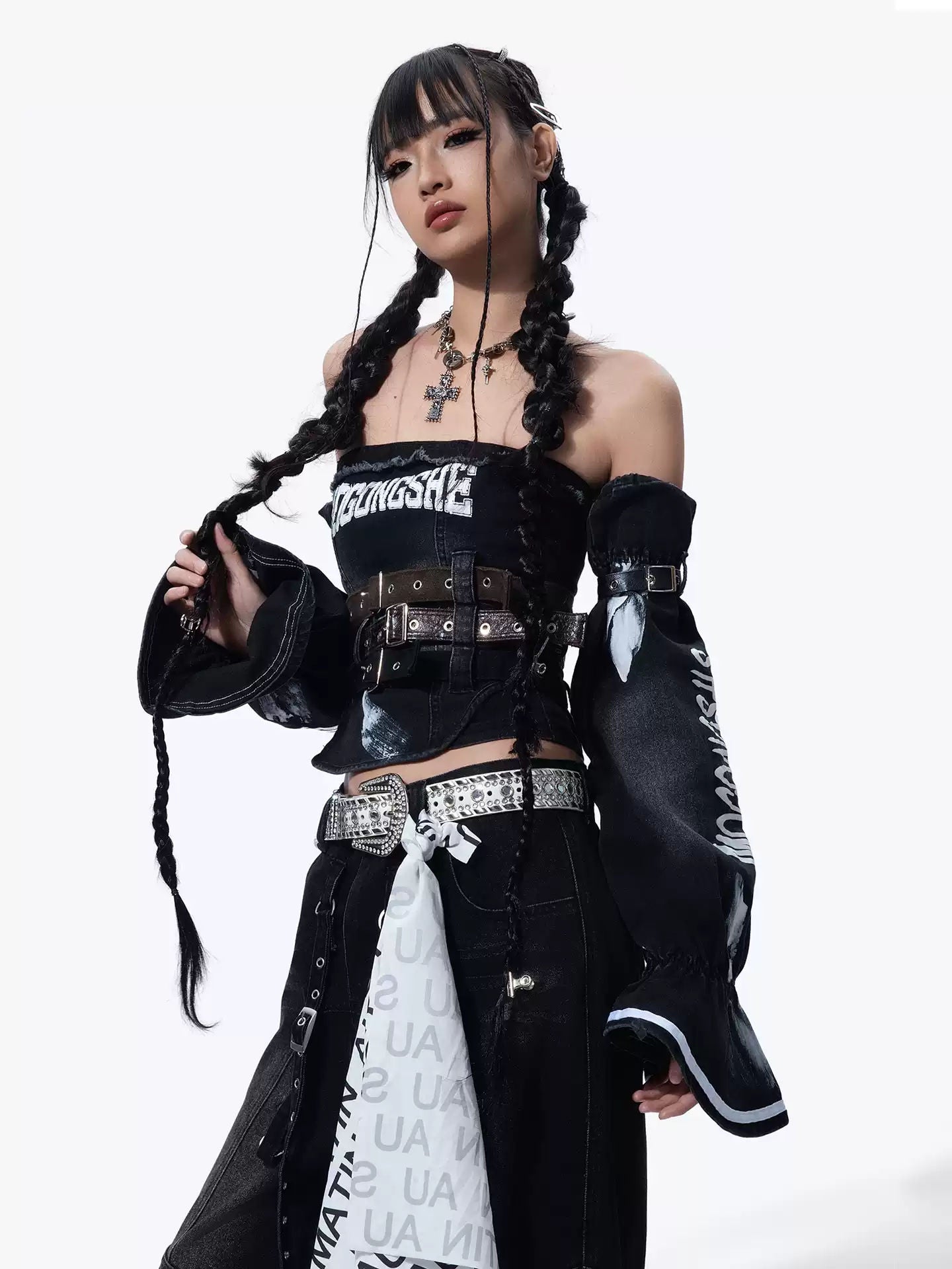 MOGONGSHE American Retro Sexy Tube Top Crop Top Letter Pattern Denim Bustier Set