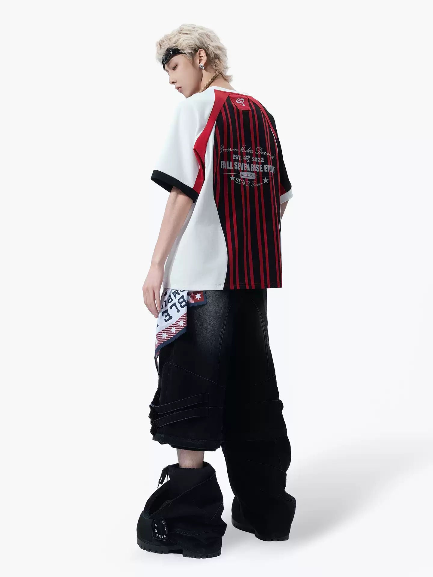 MOGONGSHE American Retro Striped Baseball Jersey T-Shirt Raglan Sleeve Loose Fit