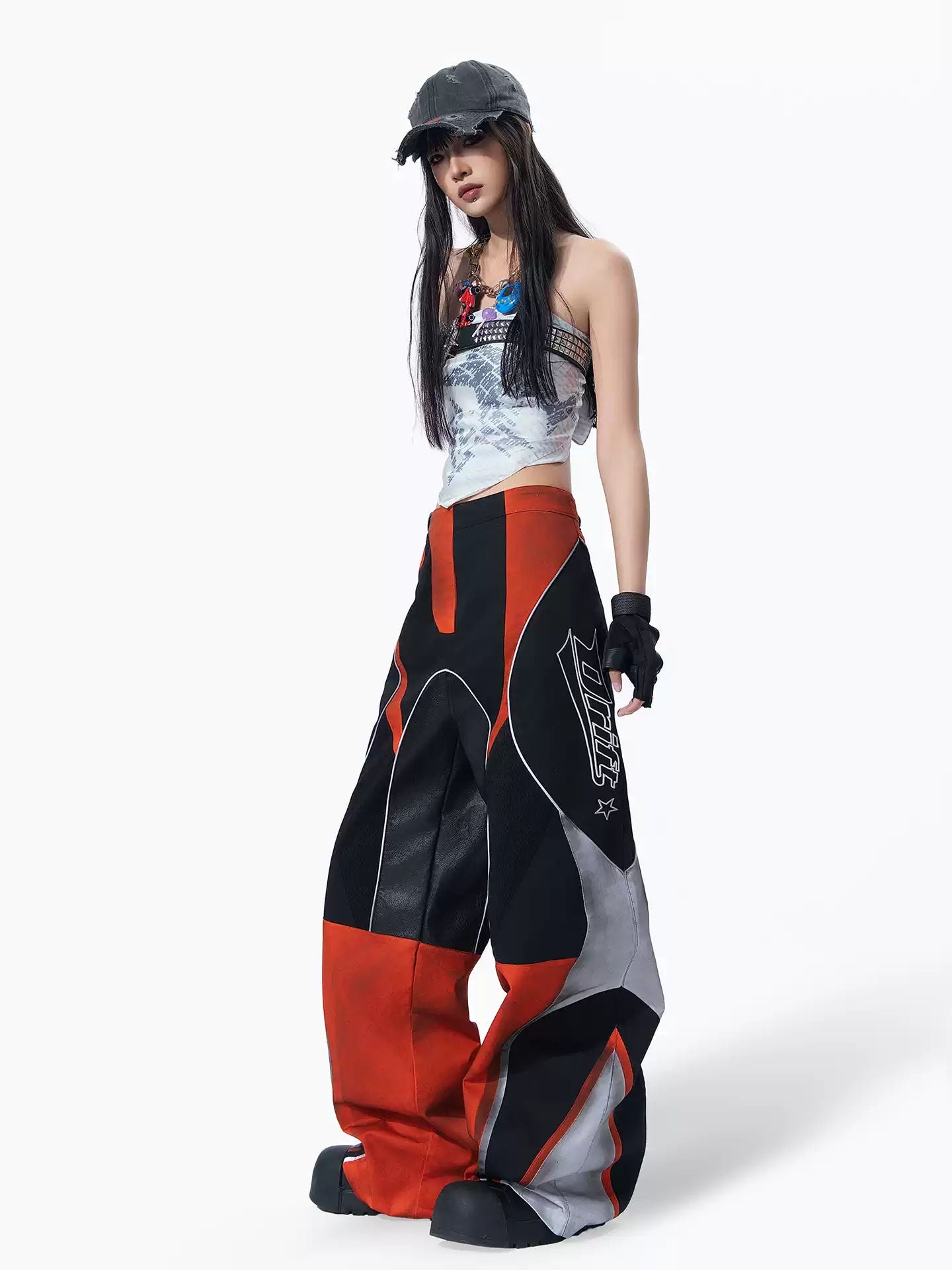 MOGONGSHE Deconstructed Contrast Stitching Wide-Leg Cargo Pants
