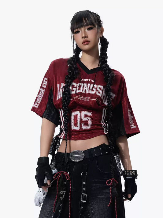 MOGONGSHE Vintage Jersey V-Neck T-Shirt Color Block Short Sleeve