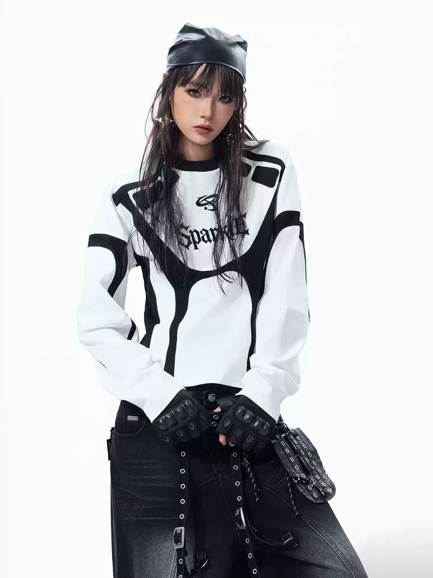 MOGONGSHE Racing Letter Patchwork Long Sleeve Shirt Vintage Motorcycle Style Slim Fit Crop Top