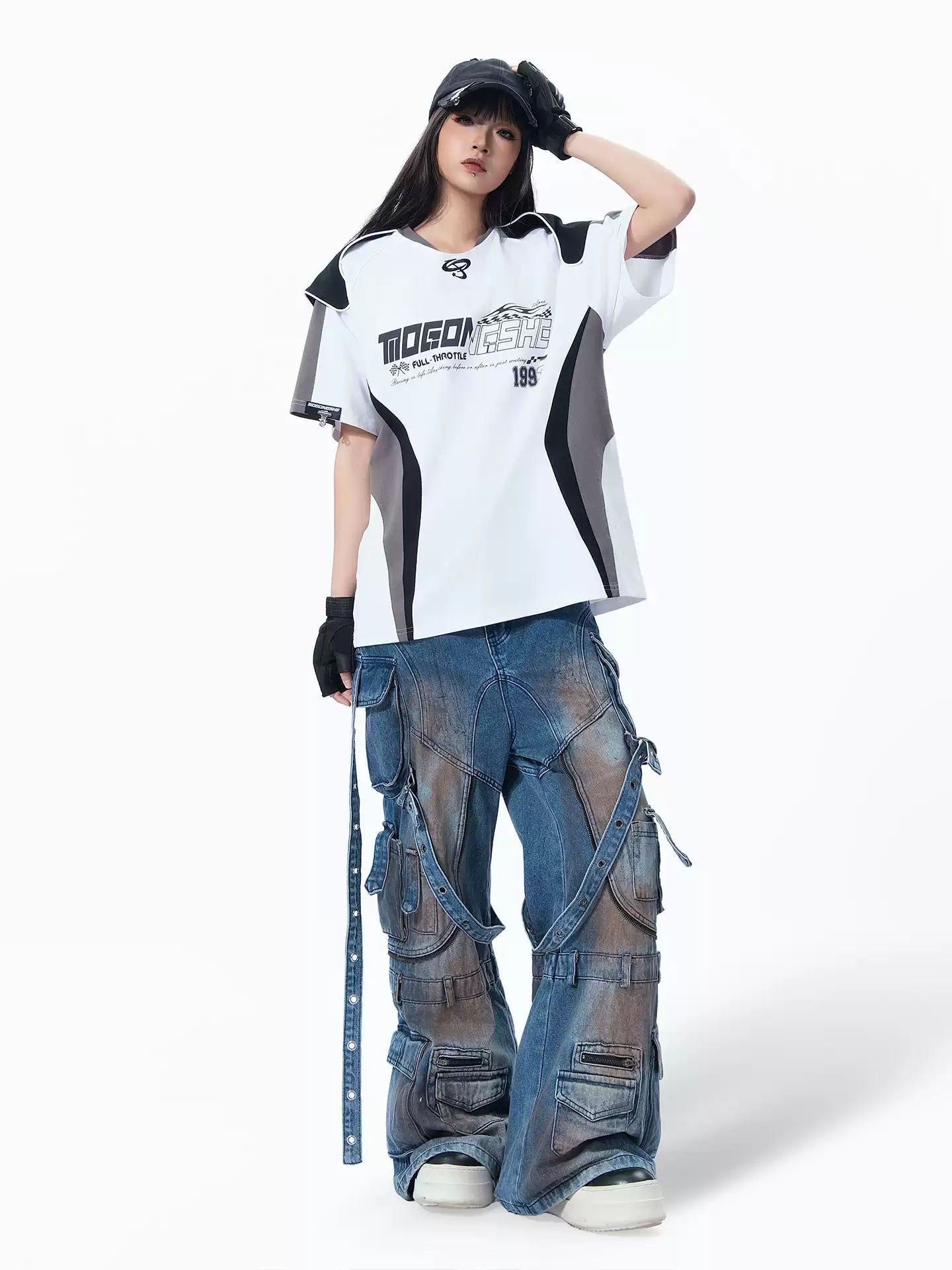 American Retro Racing Style Patchwork Short Sleeve T-Shirt With Shoulder Armor Contrast Color