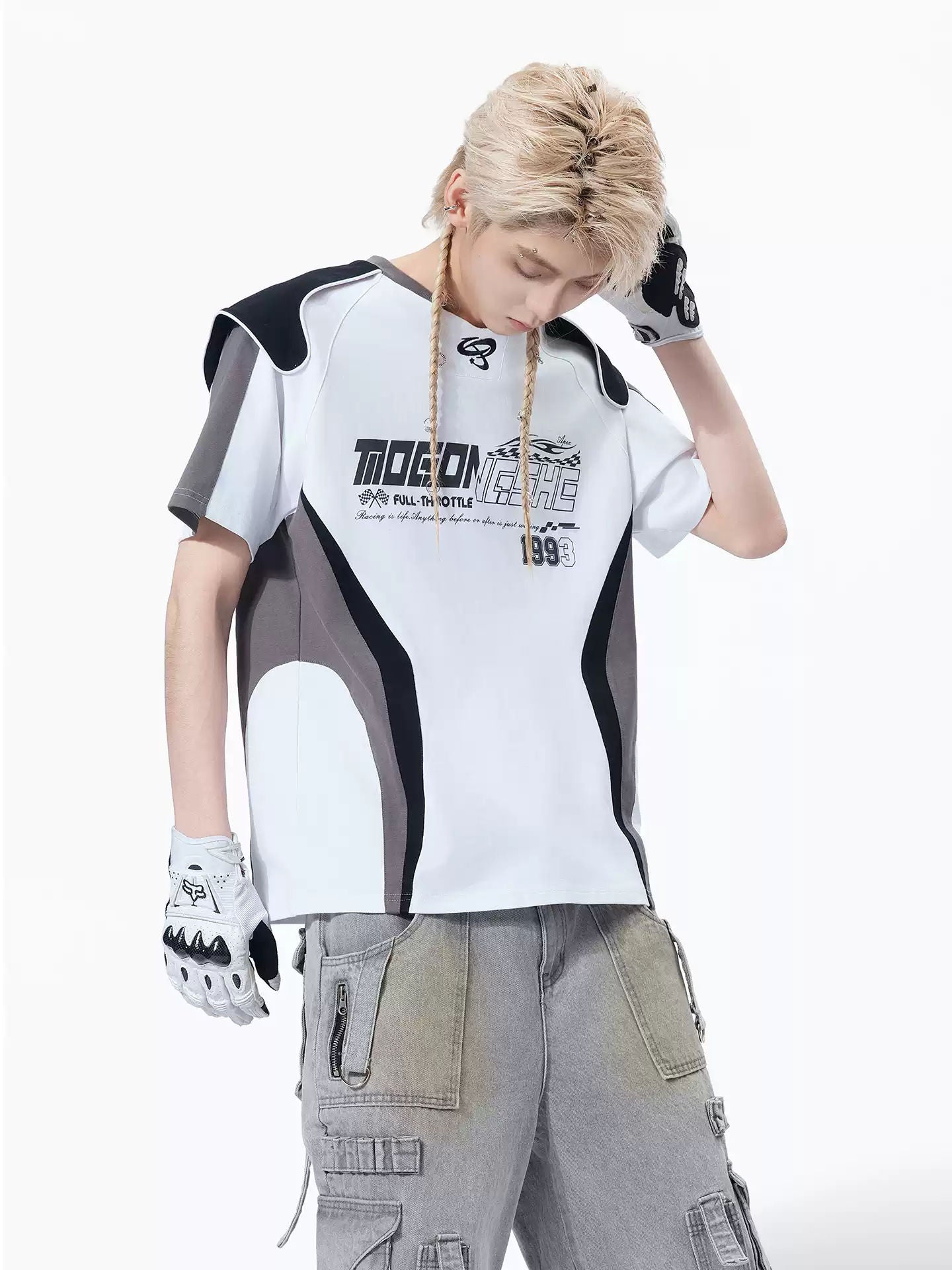 American Retro Racing Style Patchwork Short Sleeve T-Shirt With Shoulder Armor Contrast Color