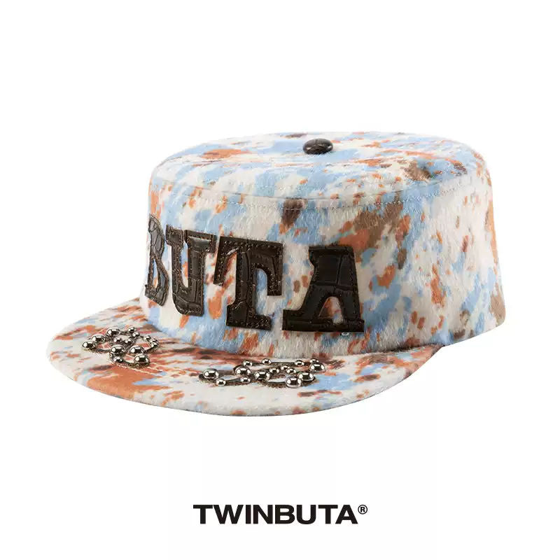 TWINBUTA Horsehair Bead Embellished Leather Patch Flat Brim Hat