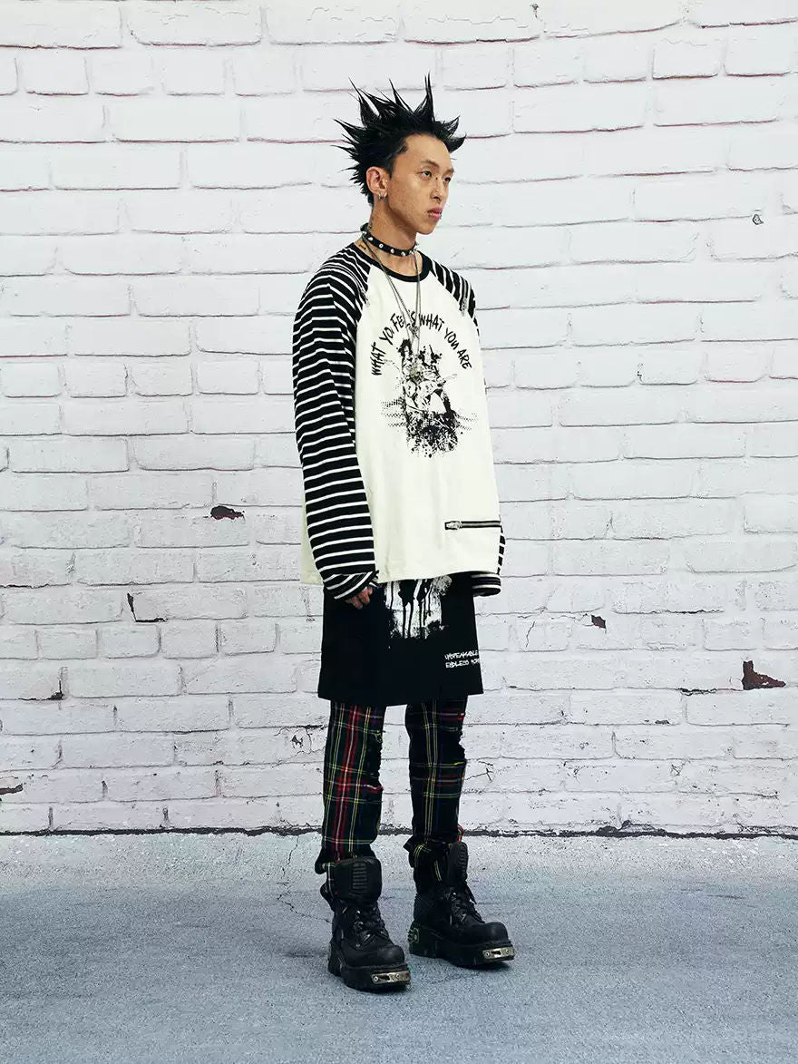 VENTUREK Punk Rock Zipper Casual Loose Striped Print Raglan Long Sleeve T-Shirt