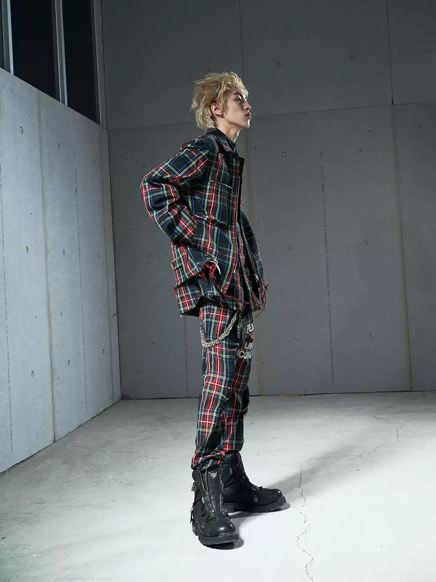 VENTUREK Punk Rock Zipper Design Casual Slim Fit Plaid Trousers