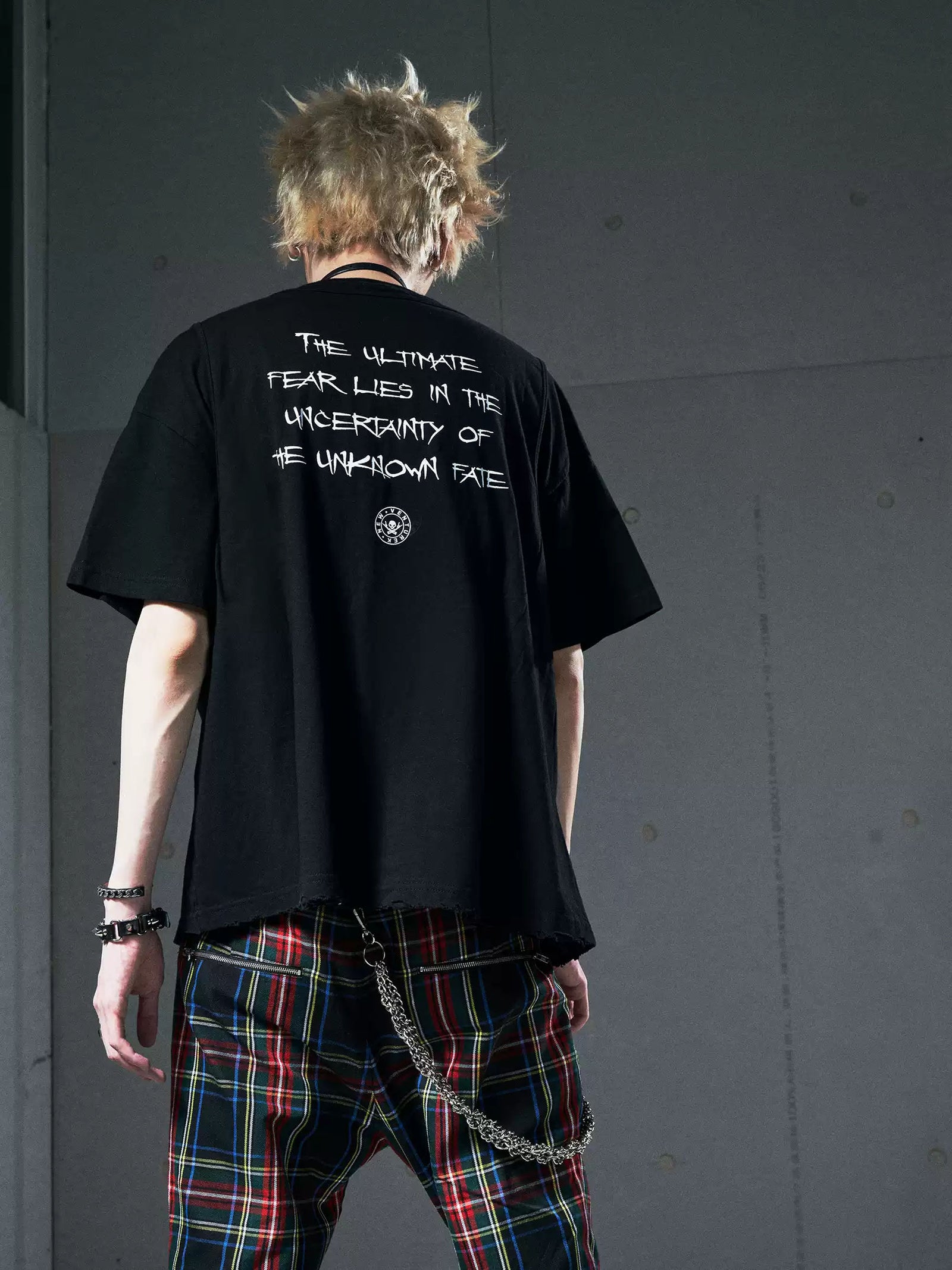 VENTUREK Punk Rock Deconstructed Zipper Letter Print Layered Short Sleeve T-Shirt Men's Streetwear