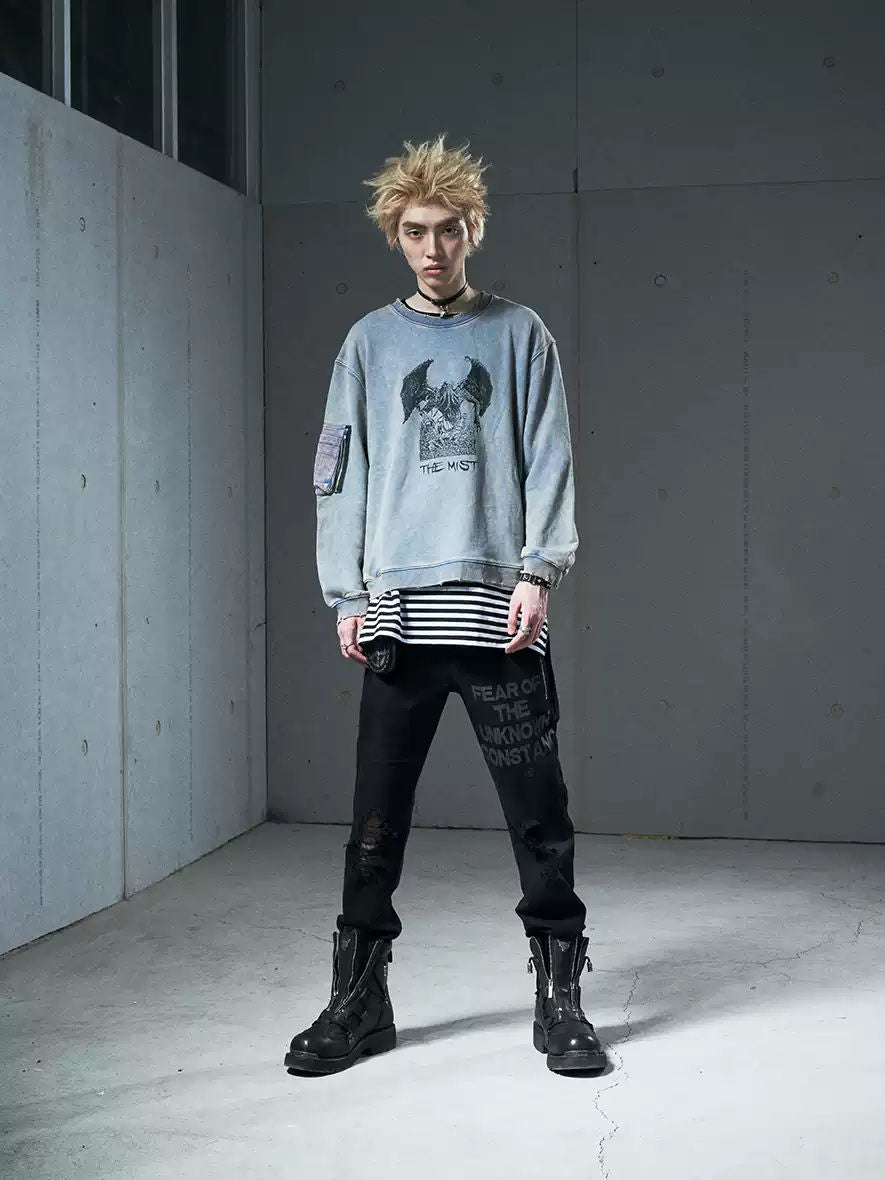 VENTUREK Punk Rock Destroyed Zip Design Casual Slim Fit Washed Black Pants