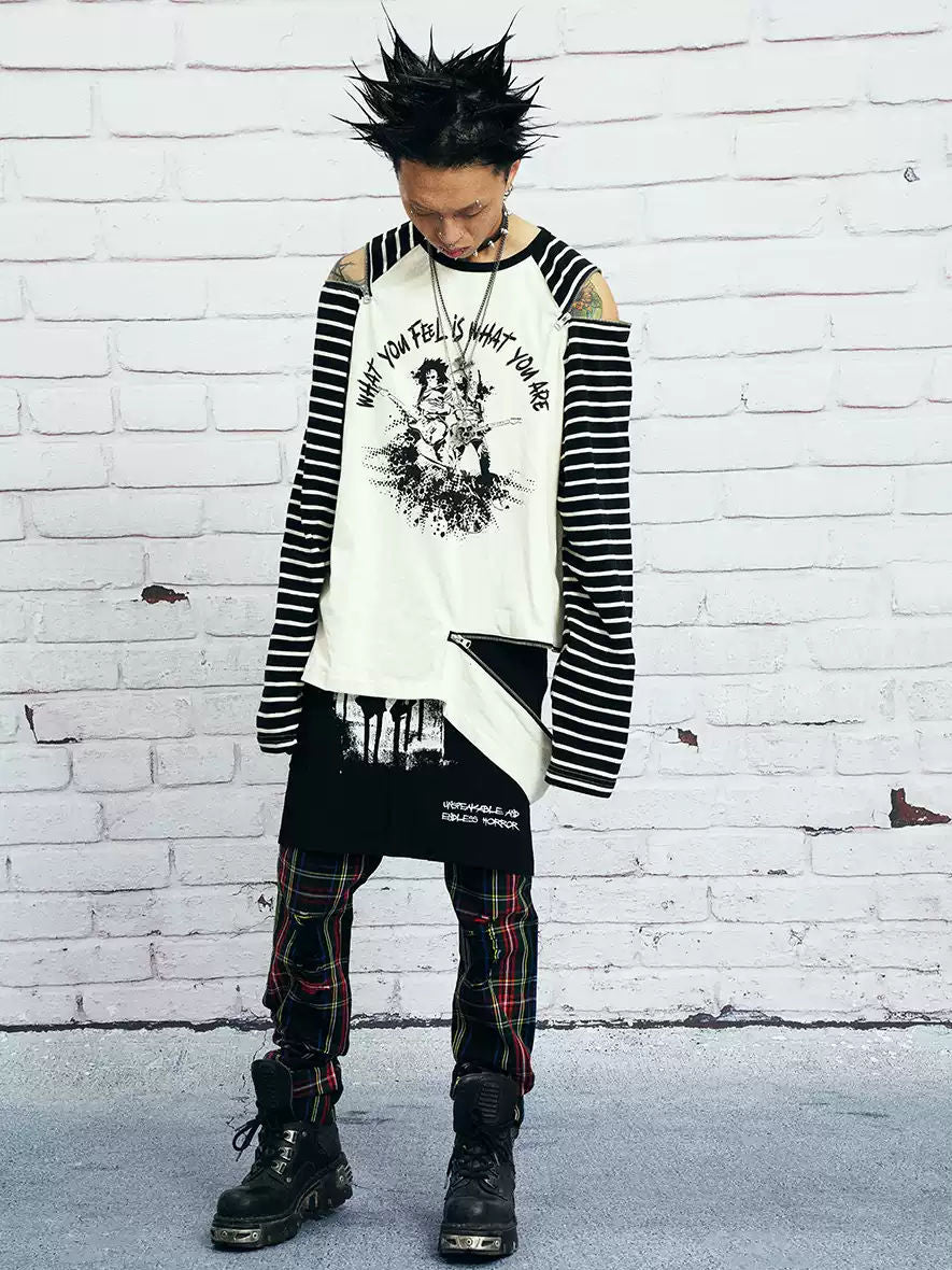 VENTUREK Punk Rock Zipper Casual Loose Striped Print Raglan Long Sleeve T-Shirt