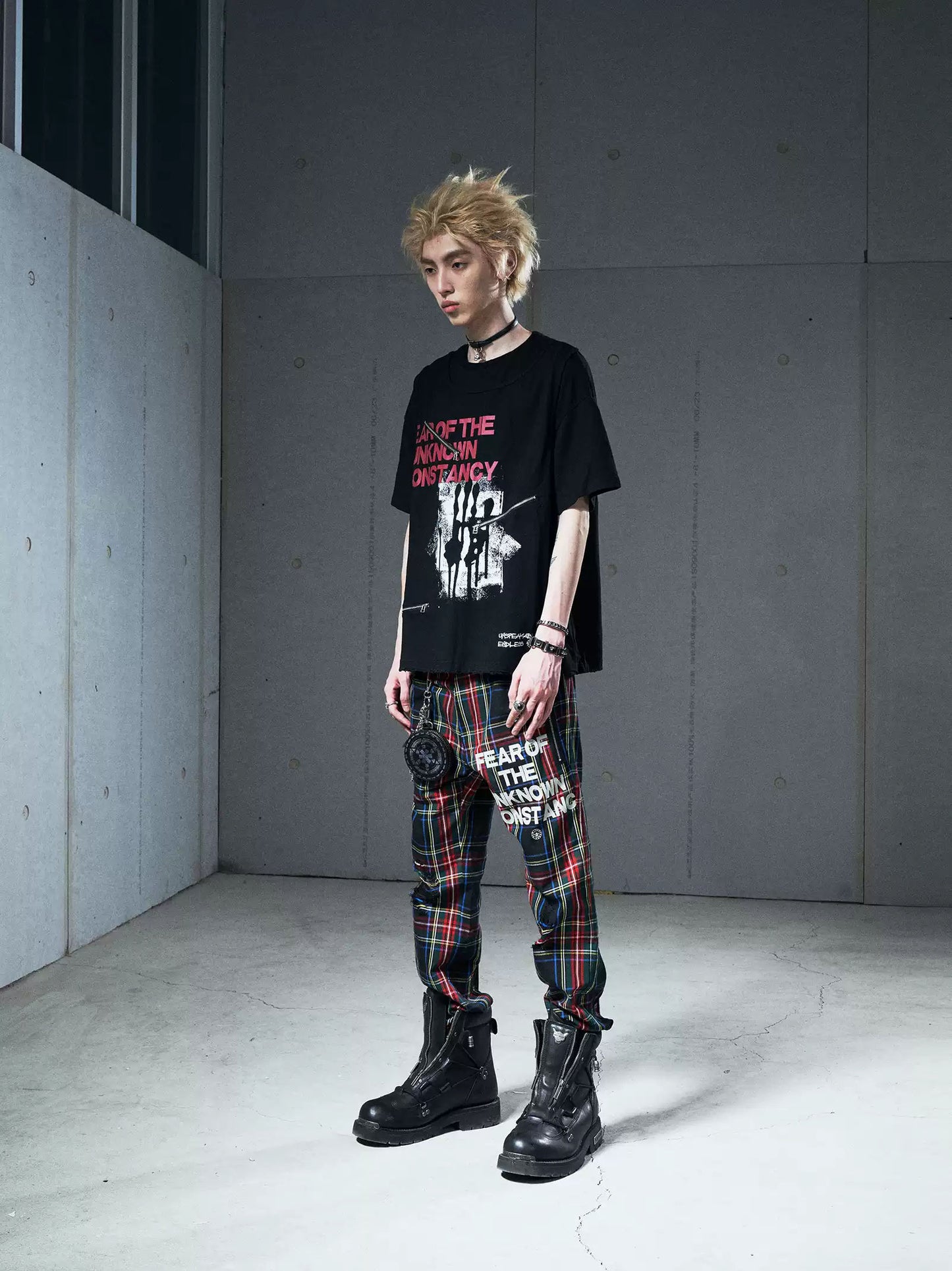 VENTUREK Punk Rock Deconstructed Zipper Letter Print Layered Short Sleeve T-Shirt Men's Streetwear