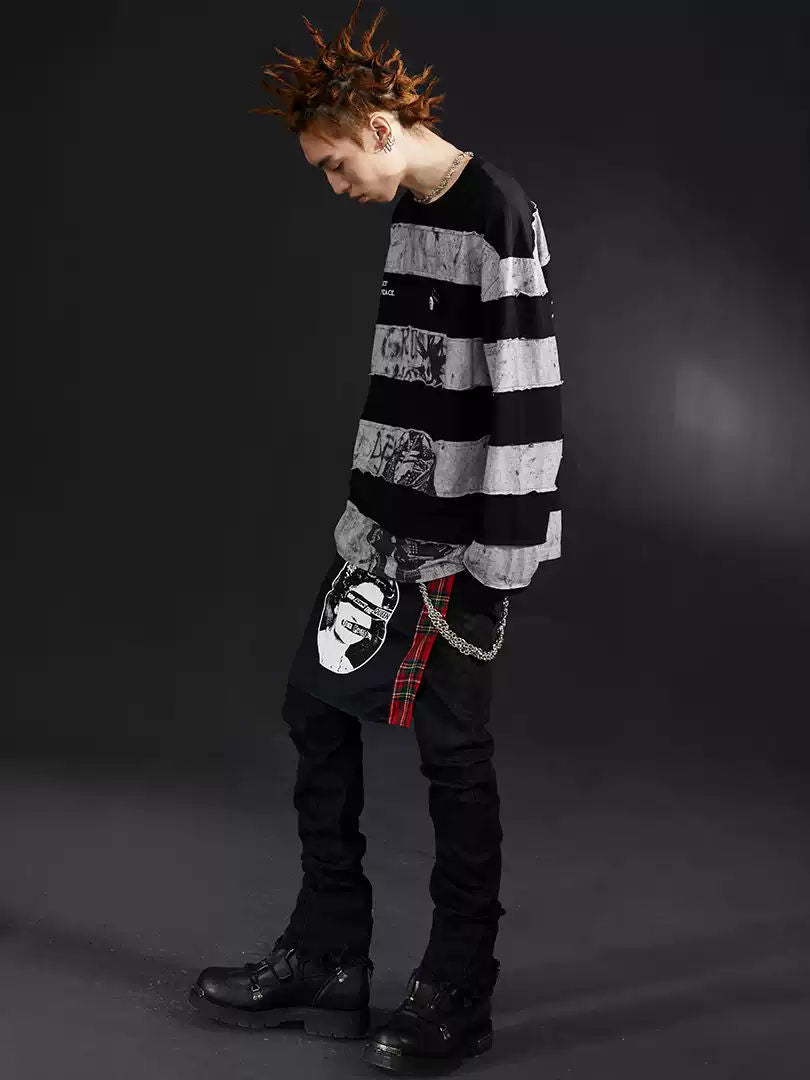 VENTUREK Deconstructed Punk Rock Patchwork Embroidery Long Sleeve T-Shirt Men's Streetwear