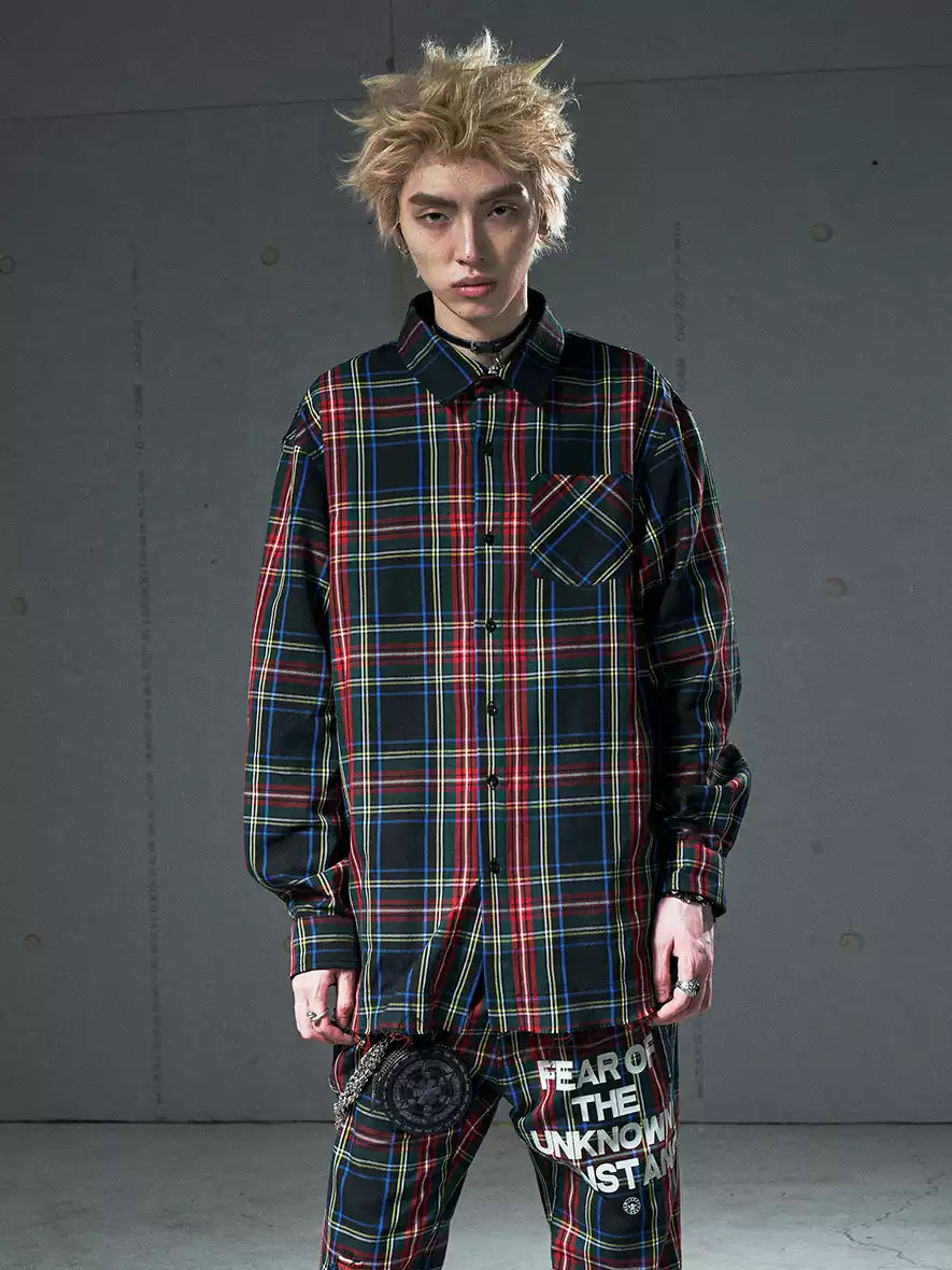 VENTUREK Punk Rock Washed Patchwork Print Long Plaid Shirt Casual Loose