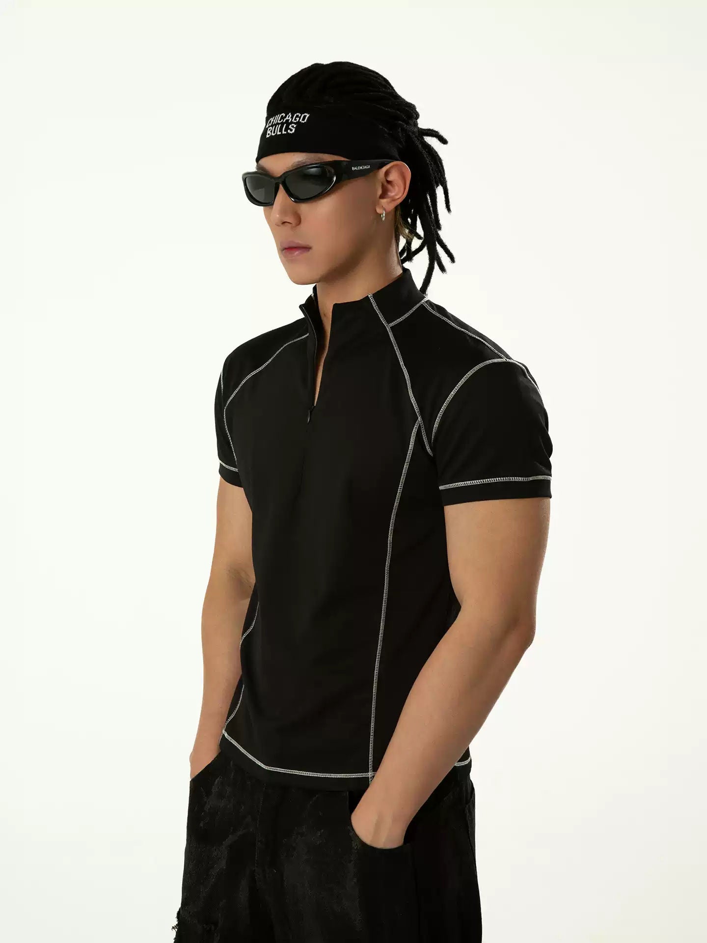 CLP Black Structural Line Half Open Collar Short Sleeve T-Shirt Men's Slim Fit Sport Casual Y2K