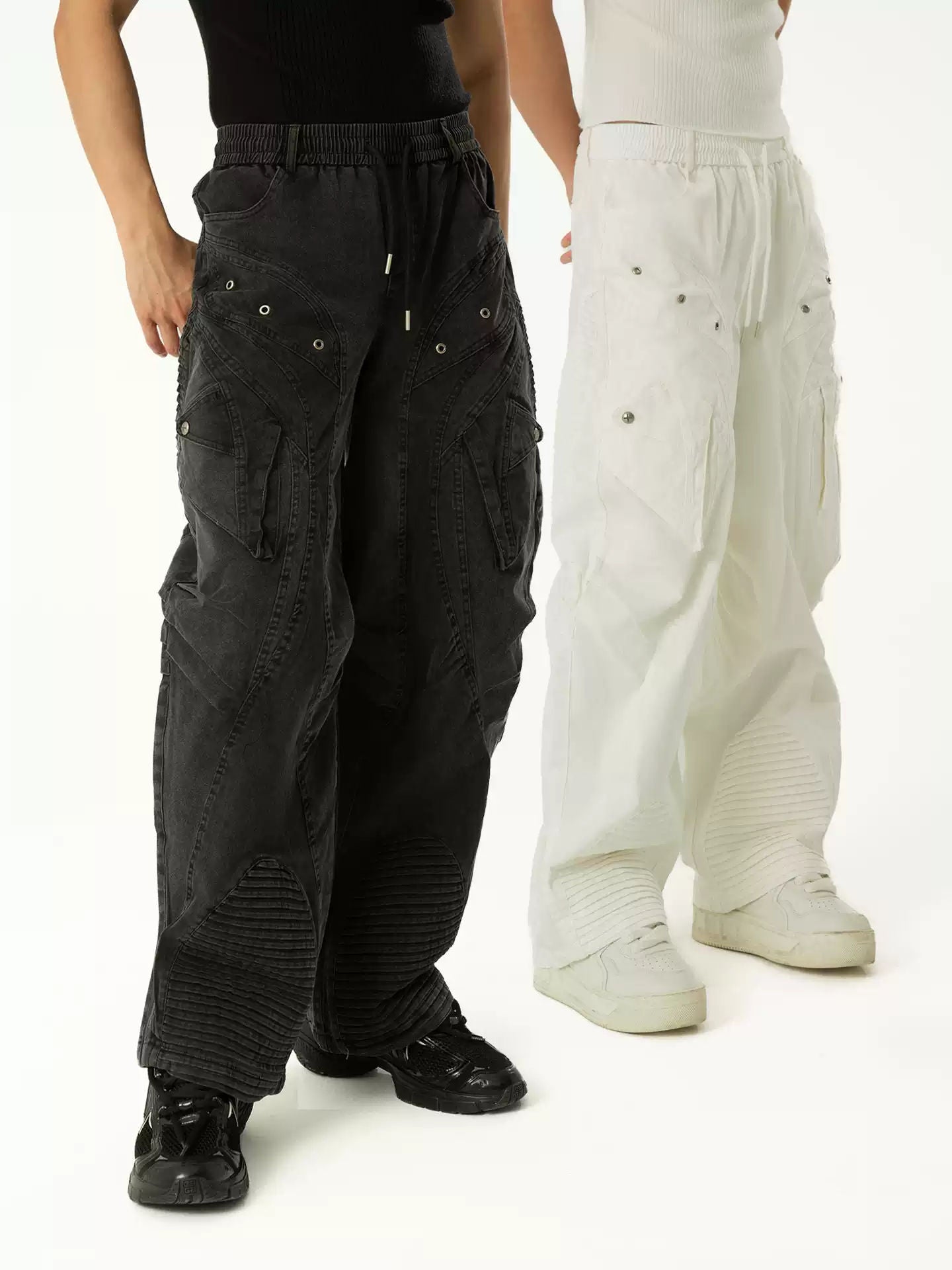 CLP Multi-Pocket Utility Cargo Jeans Men's Loose Wide Leg Straight Vintage Texture Elastic Waist