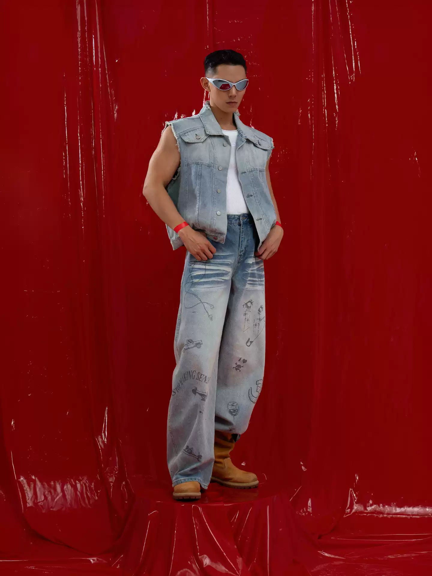Light Blue Washed Denim Vest Men's Short Fringe Retro Loose Casual Streetwear