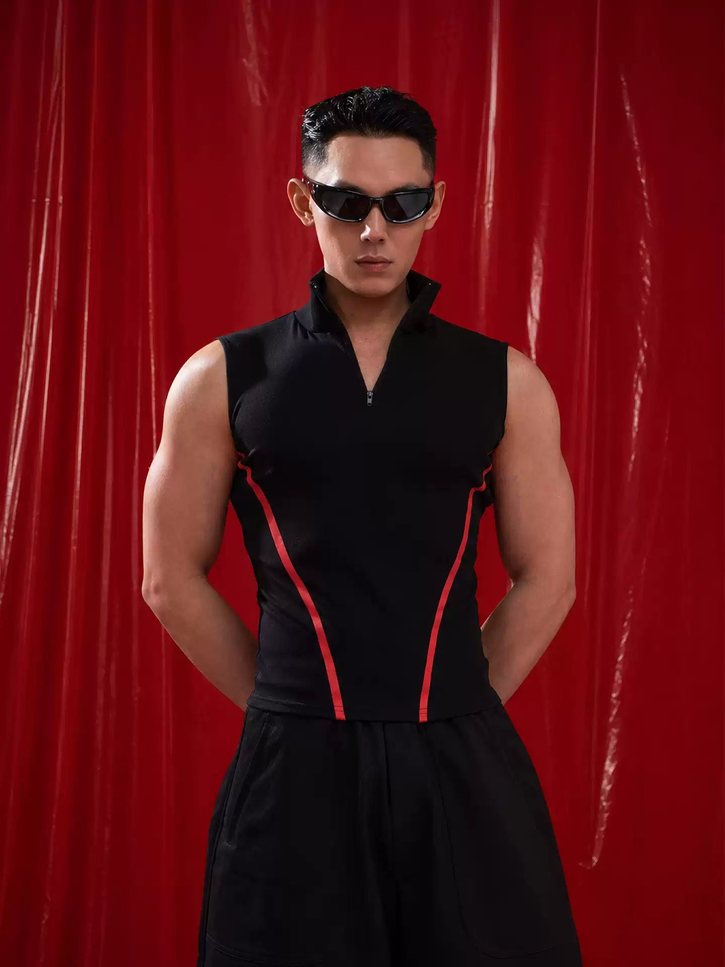 CLP Black Red V-Stripe Stand Collar Zip Sleeveless Polo Vest Men's Slim Fit Muscle Elastic Short Tight
