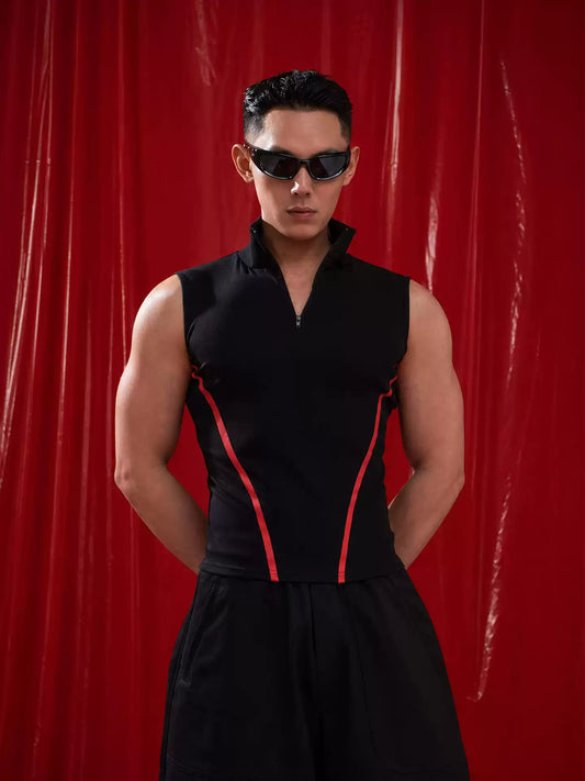 CLP Black Red V-Stripe Stand Collar Zip Sleeveless Polo Vest Men's Slim Fit Muscle Elastic Short Tight