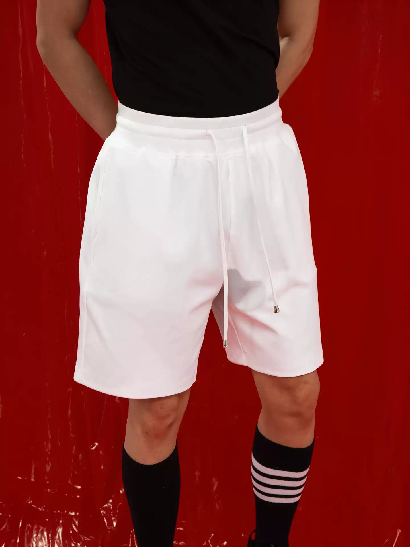 CLP Black White Drawstring Elastic Waist Sports Shorts Men's Loose Straight Stretchy Fitness Summer